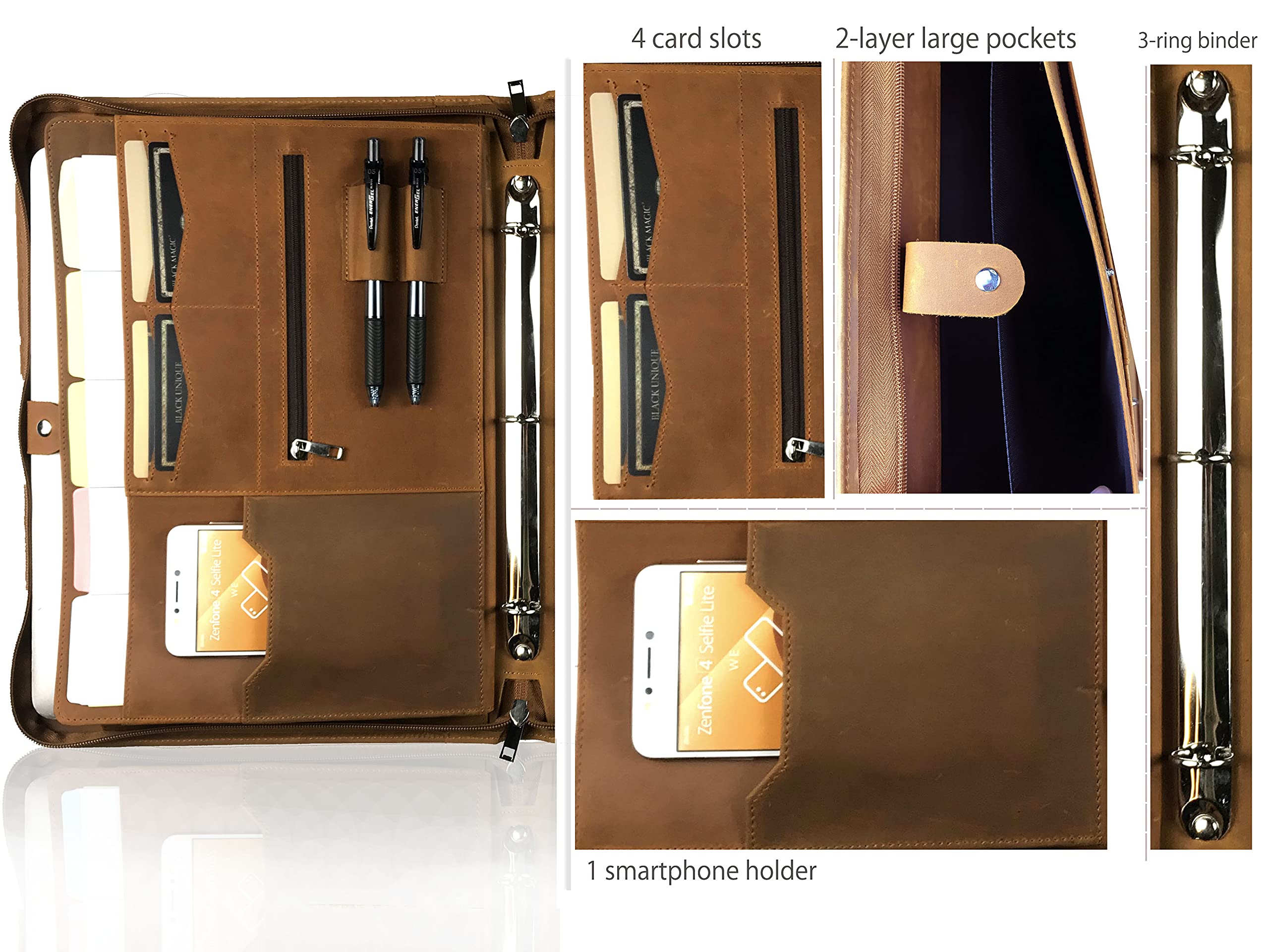 Premium Genuine Leather Portfolio for Men & Women - Personalized 3-Ring Zipper Binder with A4/Legal Pad Holder - Fits 13
