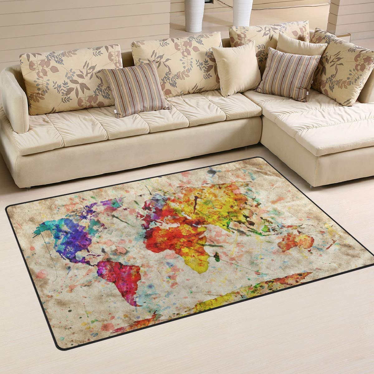Vintage Rainbow World Map Door Mat 3'x5' for Home & Girls Room Decor
