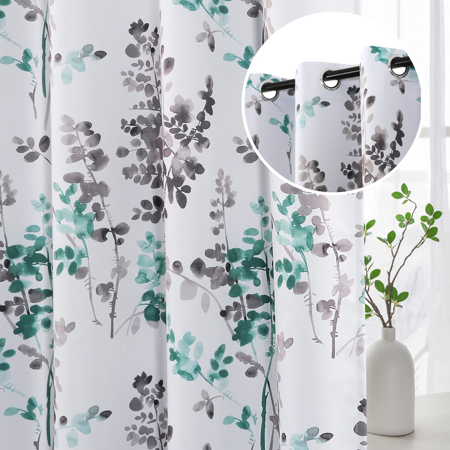 H.VERSAILTEX 95 Inch Room Darkening Blackout Curtains - Thermal Insulated Vintage Floral Print Drapes for Bedroom & Living Room (2 Panels, Grey/Turquoise) - Perfect for Light Control, Privacy & Energy Savings