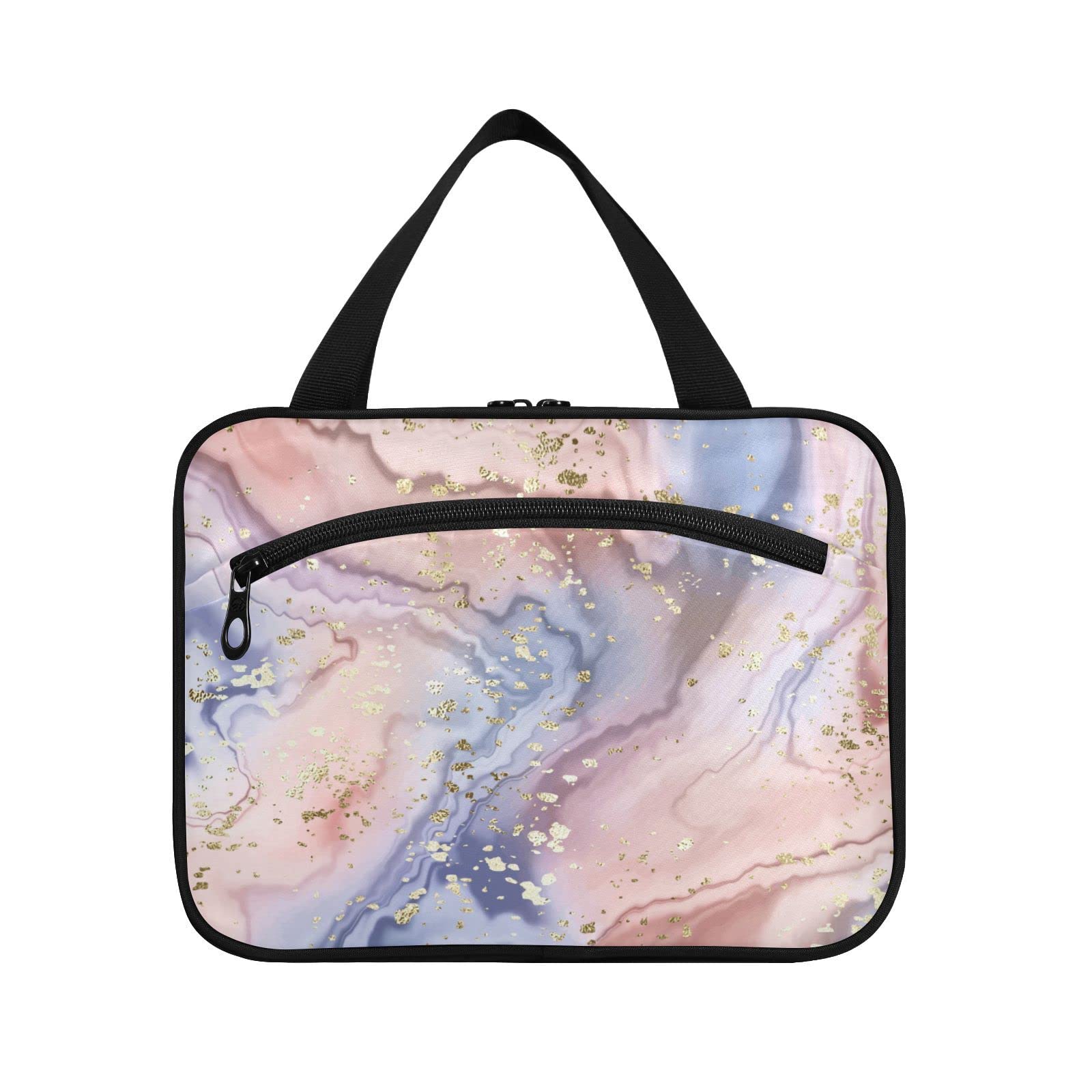 Gold Glitter Rose Marble Travel Toiletry Bag - Hanging Cosmetic Organizer for Women | Perfect for Vacation & Gym