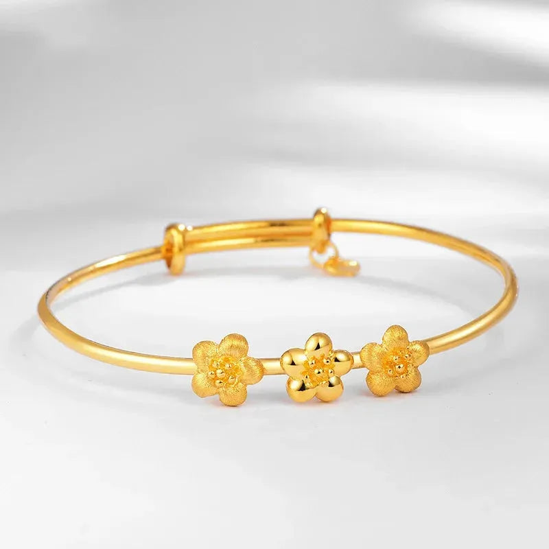 24K Pure Gold Bracelet for Women - 999 Solid Gold Bangle with Floral Design - Elegant & Romantic Jewelry Gift for Anniversary, Valentine's Day & Special Occasions - 2023 Trendy Gold Bracelet for Daily Wear & Formal Events