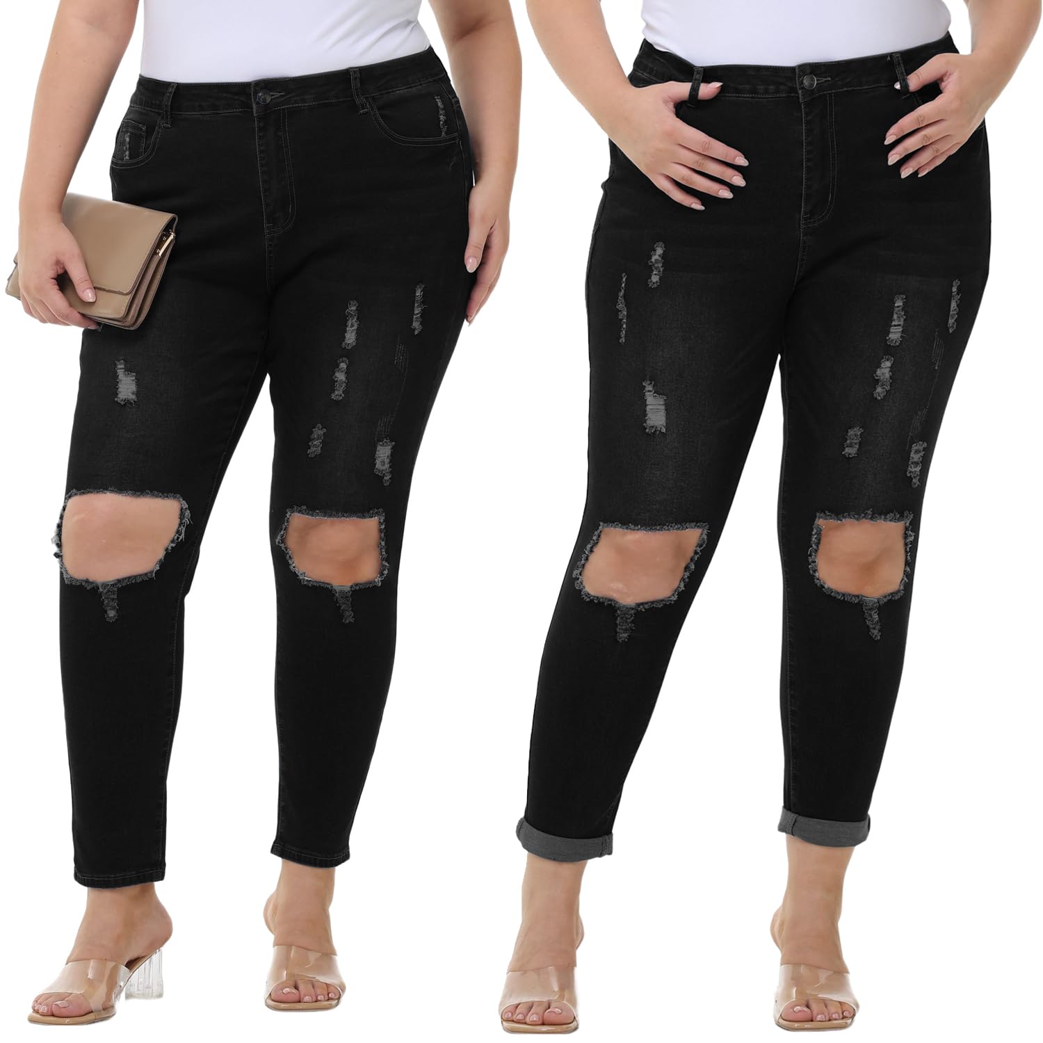 Tulucky Women's Plus Size Boyfriend Jeans - Distressed Ripped Denim Pants with Stretch, Comfortable Skinny Fit for Casual Wear & Everyday Style