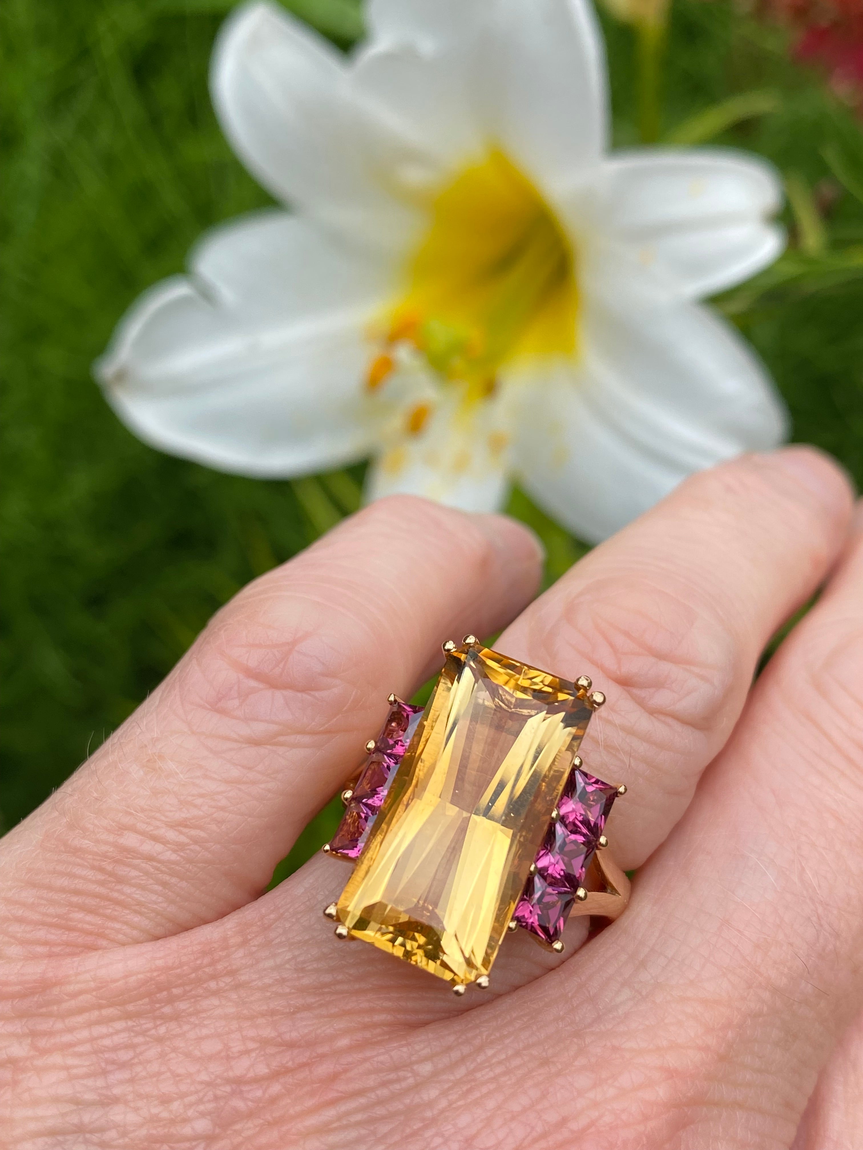 18ct Rose Gold Citrine Ring with Pink Rhodolite Side Stones | Elegant Dainty Jewelry for Women | Perfect for Weddings, Anniversaries & Special Occasions