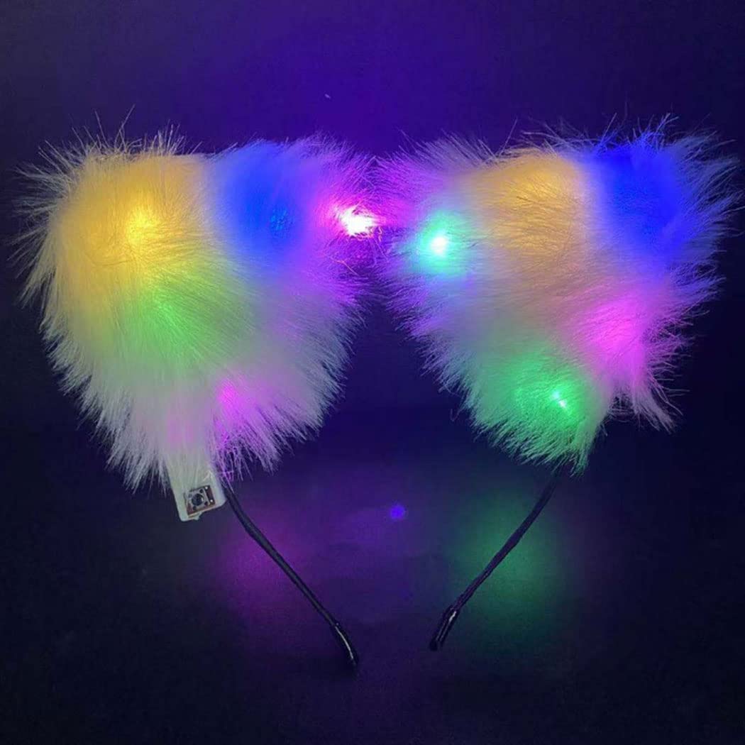 LED Cat Ears Headband with Lights - Glow in The Dark Faux Fur Hair Hoop for Women & Girls (2 Pack) - Perfect for Halloween, Raves, Concerts & Cosplay Parties