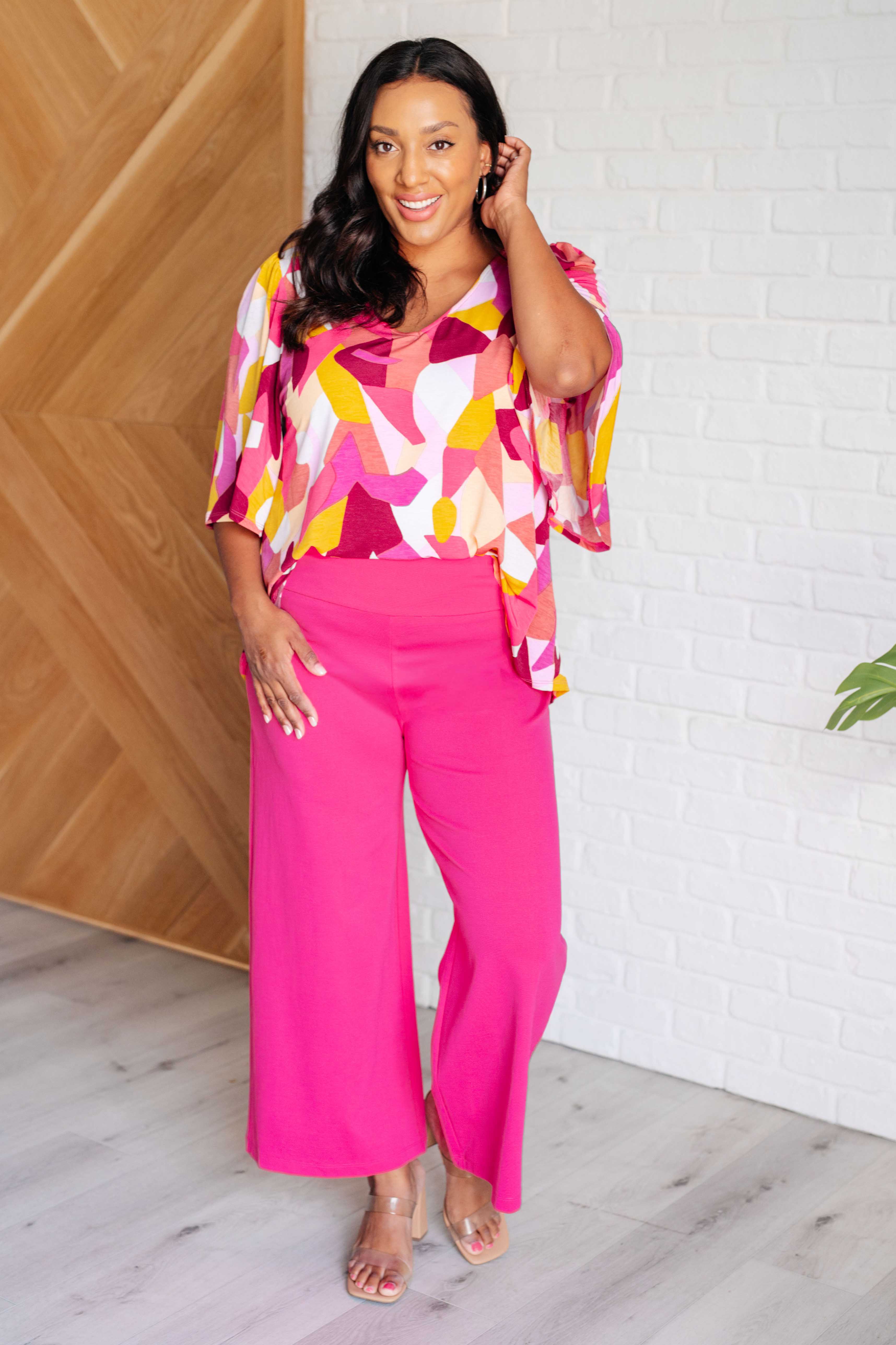 Stylish Magic Wide Leg Crop Pants in Hot Pink - Trendy High Waist Comfortable Lounge Pants for Women, Perfect for Yoga, Travel & Casual Wear