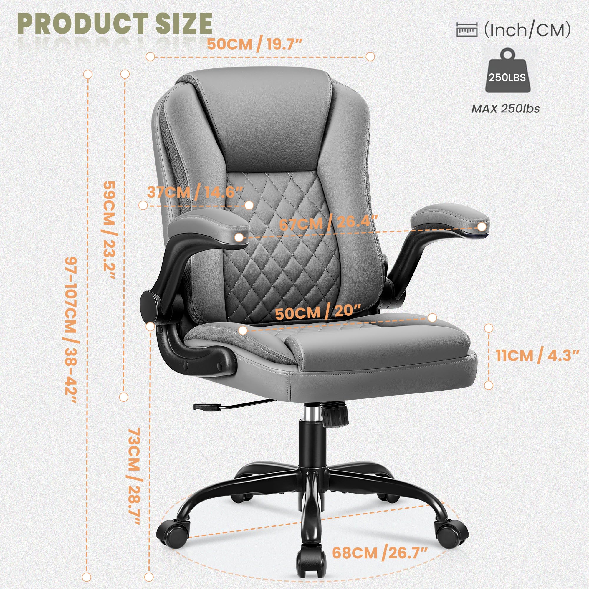 Premium Ergonomic Office Chair - Executive Leather Computer Desk Chair with Wheels, Swivel, Lumbar Support & Flip-Up Armrests - Gray - Perfect for Home Office, Gaming & Workspaces