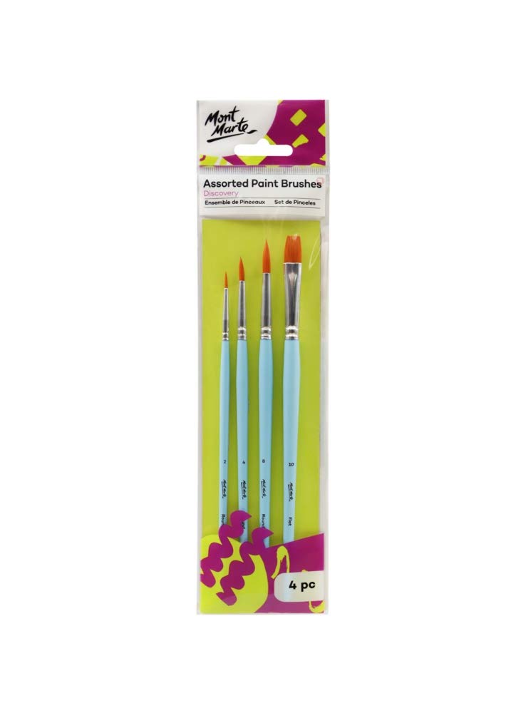 Mont Marte Discovery Assorted Paint Brushes Set of 4 - Professional Artist Brushes for Acrylic, Oil & Watercolor Painting - Perfect for Canvas, Paper & DIY Art Projects