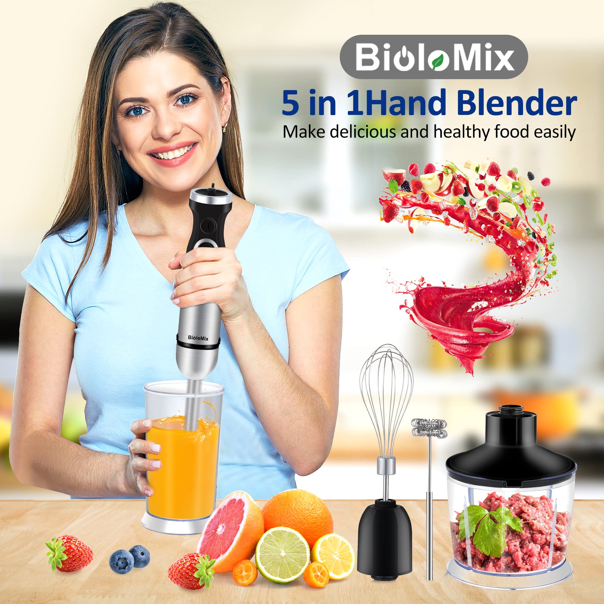 BioloMix 5-in-1 Immersion Hand Blender 1000W Powerful Stick Blender with 6 Speed & Turbo Mode, Stainless Steel Blade, 800ml Food Chopper, 600ml Mixing Beaker, Whisk & Milk Frother - Perfect for Smoothies, Soups, Baby Food & Kitchen Blending