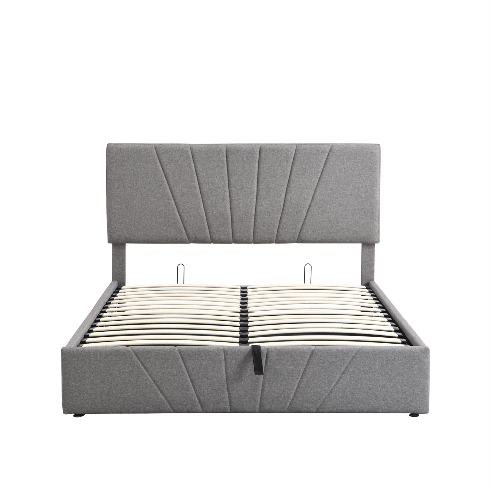 Queen Size Lift Storage Bed Frame with Hydraulic System & Slat Support - Modern Linen Upholstered Platform Bed in Gray | Space-Saving Bedroom Solution for Small Apartments & Guest Rooms