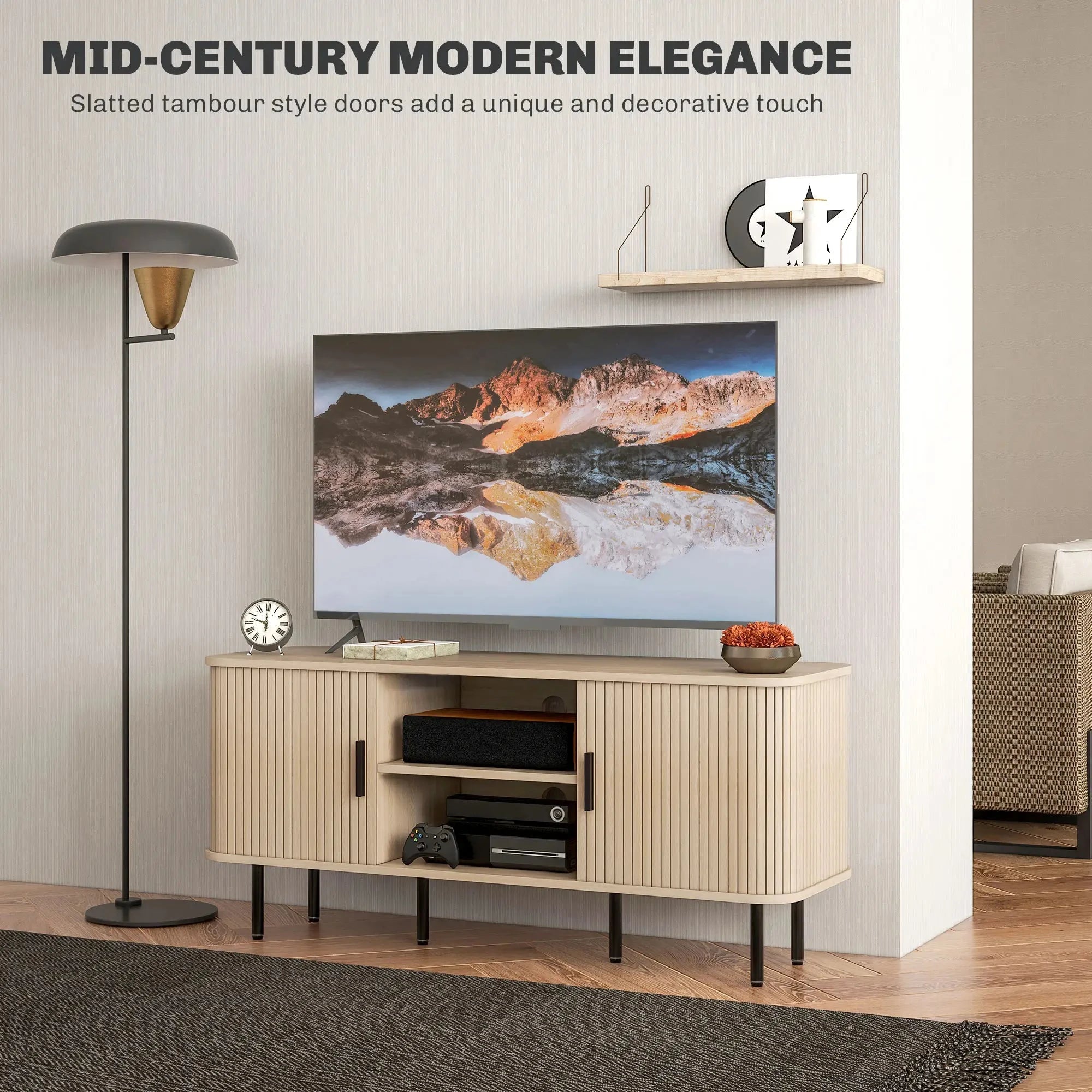 55 Inch TV Stand with Storage Shelves & Cabinets - Solid Wood Oak Finish for Living Room, Bedroom, Home Theater Setup