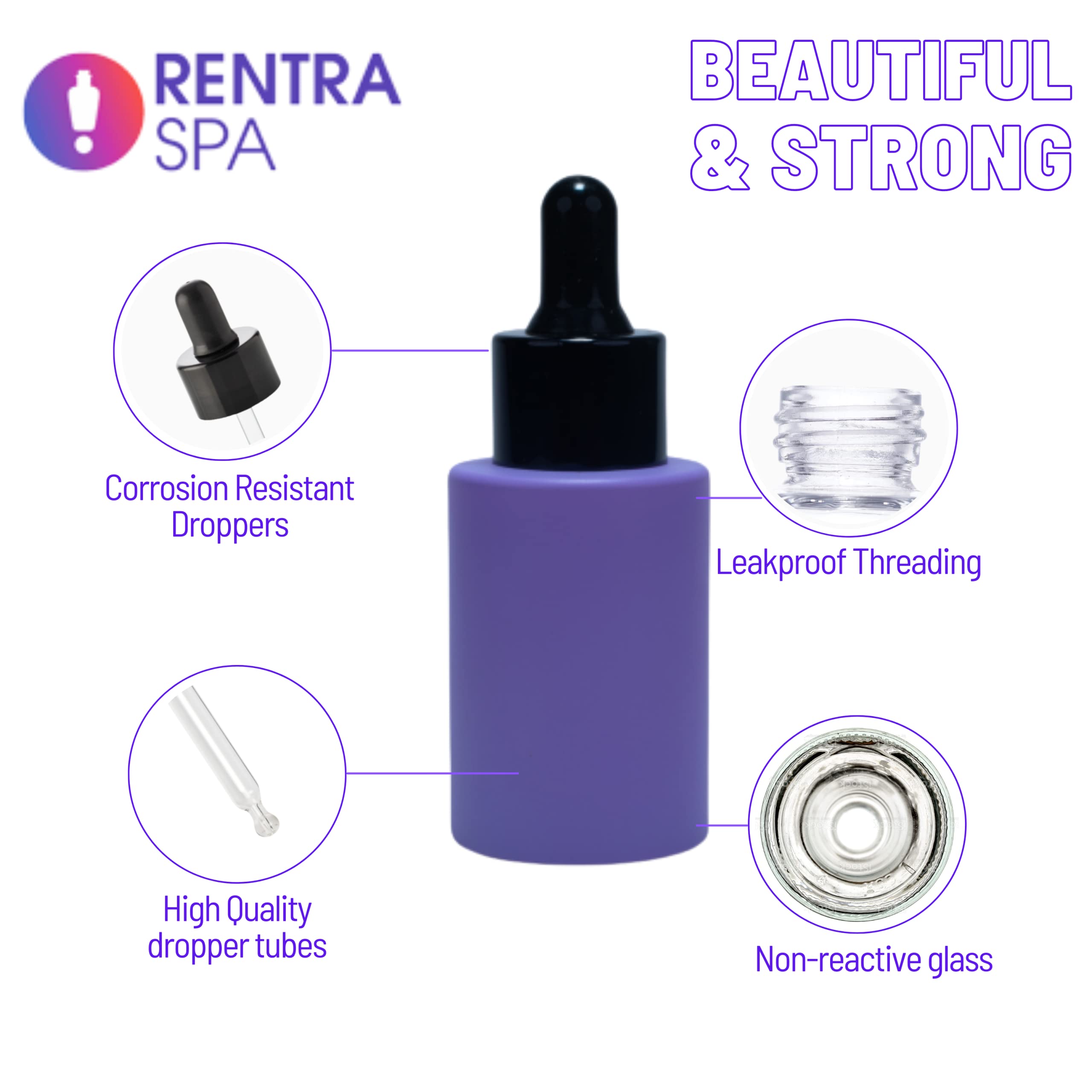 **Rentra S.P.A 30ml Matte Purple Glass Bottle with Dropper & Black Ring - 3 Pack for Essential Oils, Carrier Oils, Serum & Cosmetics - Perfect for DIY Beauty, Aromatherapy & Skincare Storage**