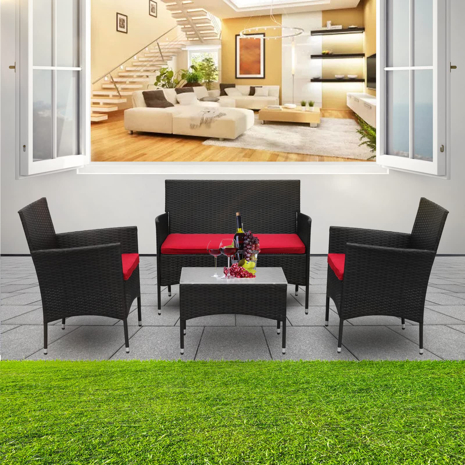 4-Piece Patio Rattan Sofa Set with Cushions - Outdoor Wicker Furniture Conversation Set with Glass Coffee Table for Backyard, Poolside, Garden & Porch Relaxation
