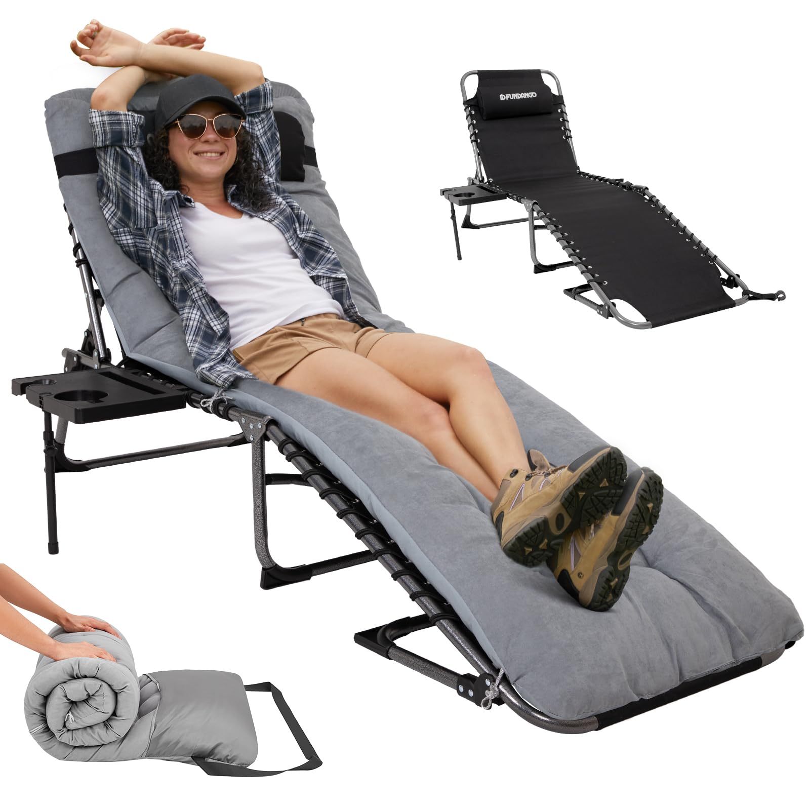 FUNDANGO Folding Chaise Lounge Chair with Soft Cushion & Side Table - 5-Position Adjustable Outdoor Recliner for Patio, Beach, Camping - Portable Sunbathing Chair with Pillow - Perfect for Backyard Relaxation, Poolside Lounging and Picnic Comfort
