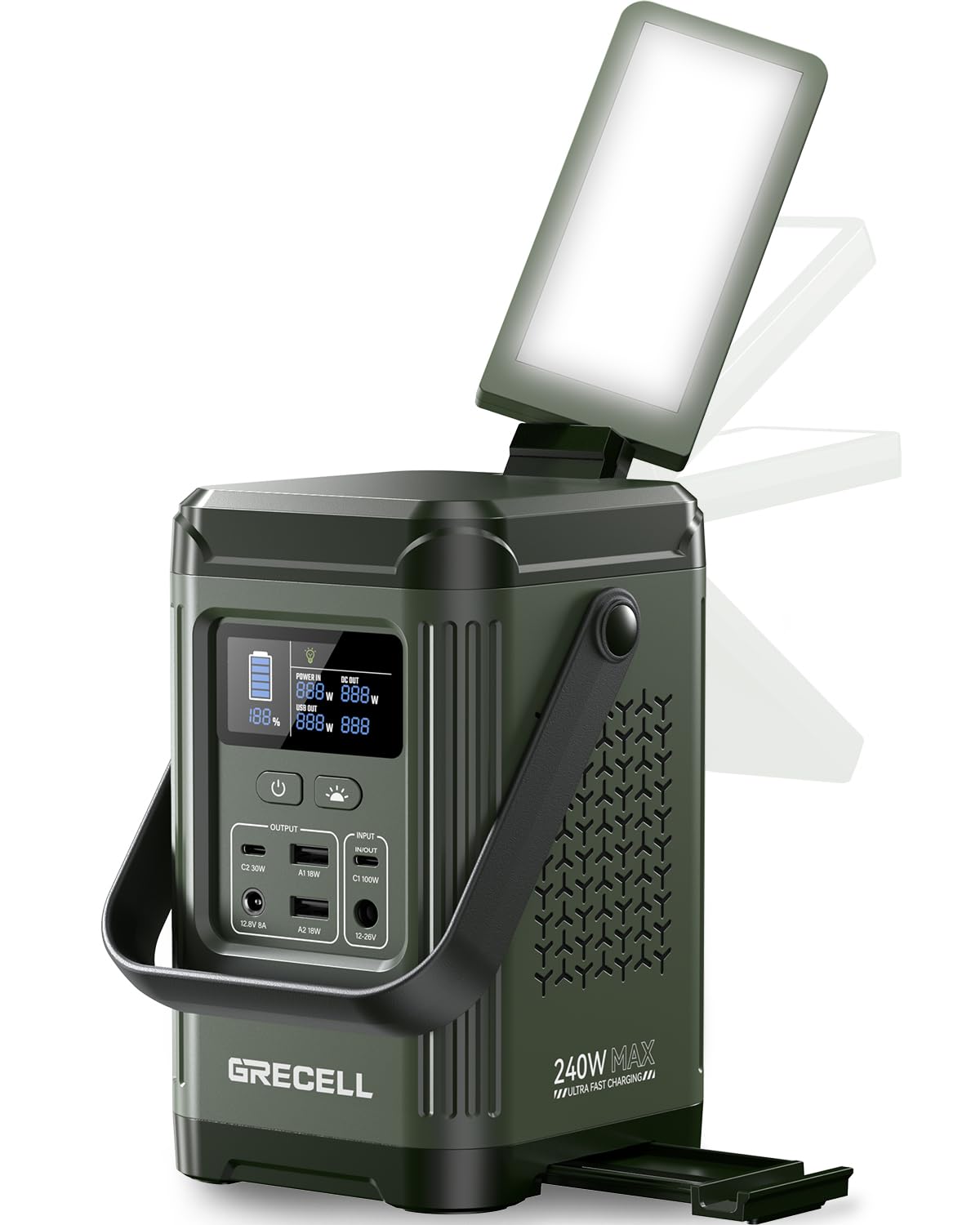 GRECELL 240W Portable Power Station - 153.6Wh Solar Generator with LiFePO4 Battery, 100W PD Fast Charging | Dual Way Charging for Camping, RV Trips, Emergency Backup & Home Use | Compact Design with Integrated Stand (Wall Charger Not Included)