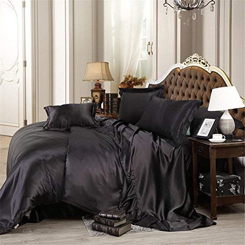 Luxury Ultra Soft Silky Satin Sheet Set 4-Piece (1 Flat Sheet, 1 Fitted Sheet, 2 Pillowcases) - Black Short Queen Size Bedding for Hotel, Home & Guest Room - Breathable & Wrinkle-Free Satin Sheets for All Seasons