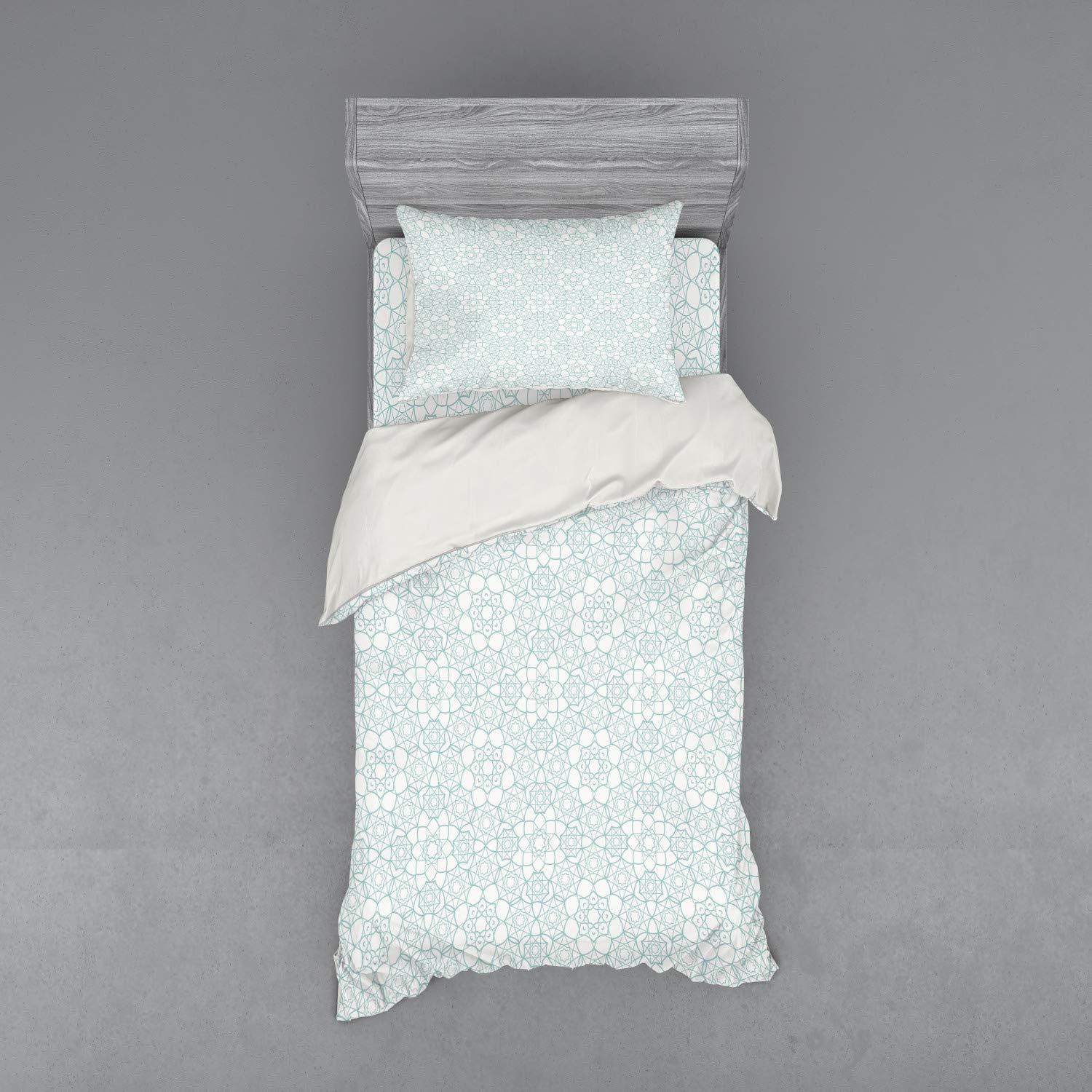 Ambesonne Moroccan Bedding Set - Geometric Design with Eastern Stars | 3-Piece Duvet Cover Set with Sham & Fitted Sheet | Twin Size in Seafoam White | Perfect for Bohemian & Ethnic Style Bedrooms