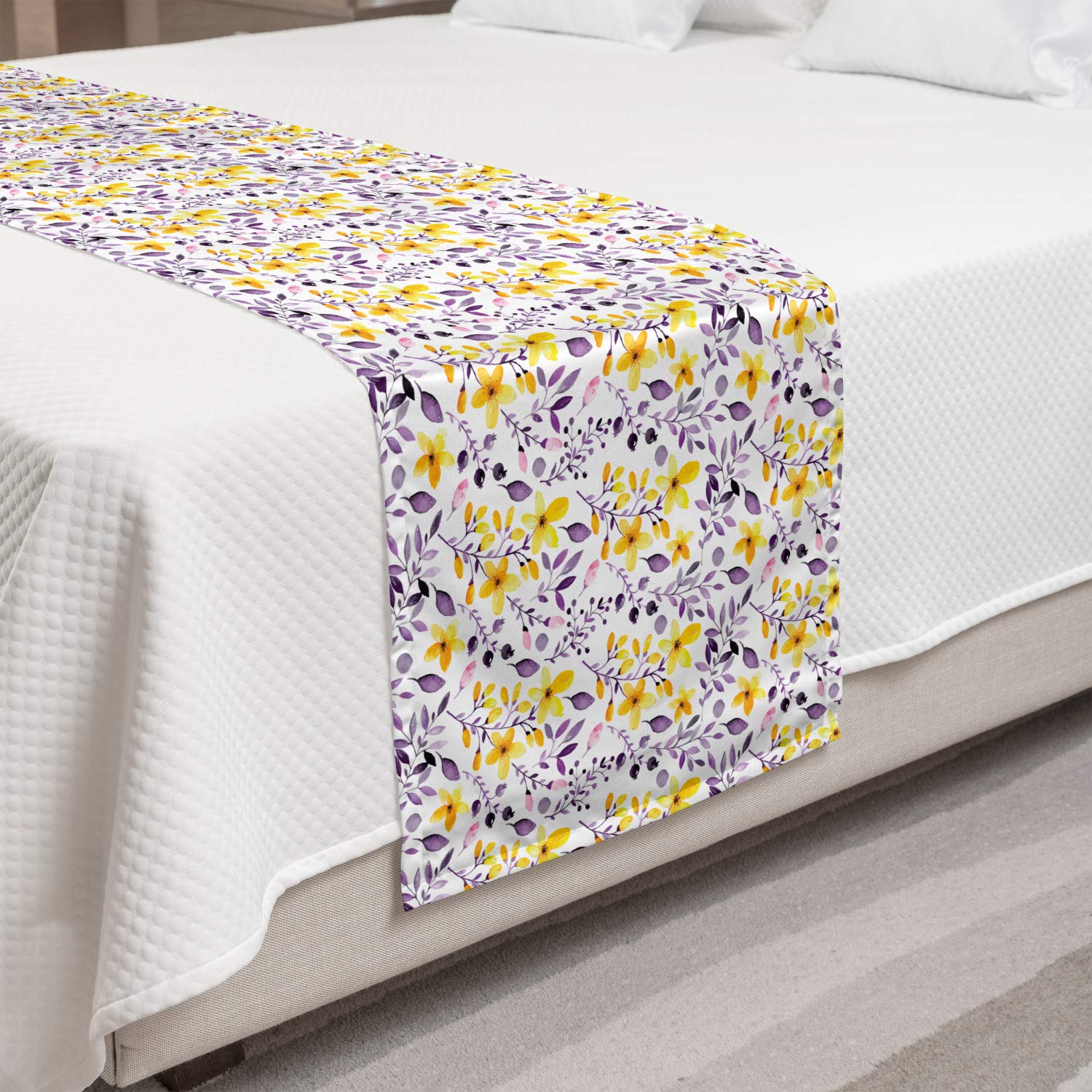 Ambesonne Floral Bed Runner - Purple Leaves & Yellow Flowers Watercolor Design, Summer Decorative Bed Scarf for Queen King Beds | Perfect for Hotels, Homes & Guestrooms | Adds Elegance to Bedroom Decor
