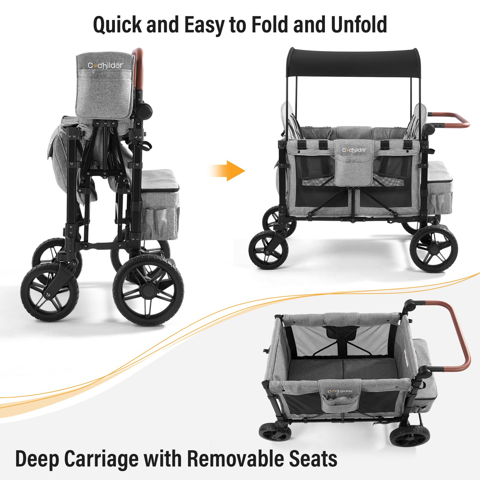 **CoChildor 4-Seater Stroller Wagon for Kids – Premium Folding Quad Wagon with 5-Point Harness, Adjustable Push/Pull Handles, Removable UV Canopy & Storage Pockets – Light Grey – Perfect for Park Outings, Beach Trips & Family Adventures**