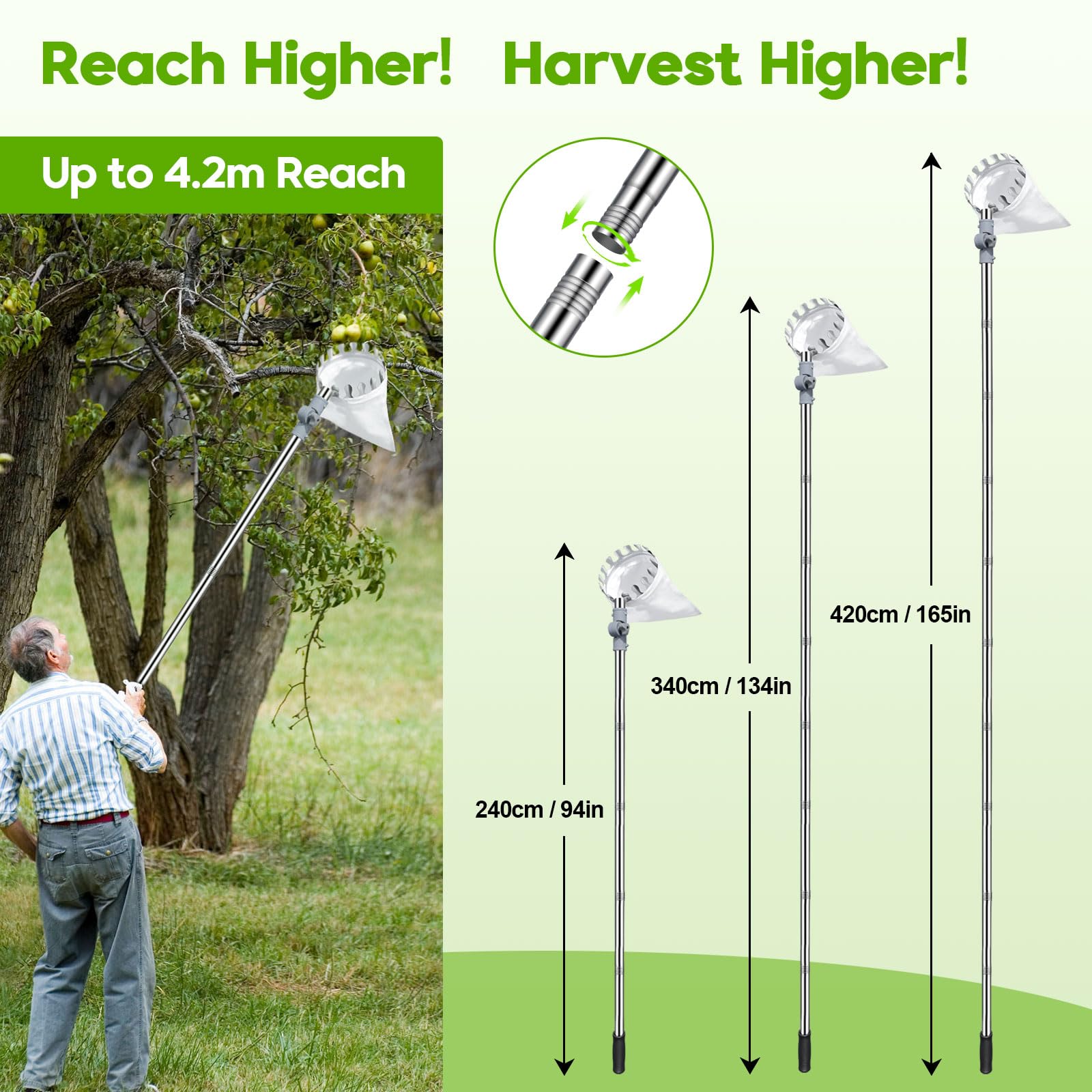 13FT Adjustable Fruit Picker Pole with Basket Head - Long Reach Fruit Harvesting Tool for Apples, Oranges, Lemons & Mangoes - Perfect for Home Garden, Orchard Picking & Tall Tree Harvesting
