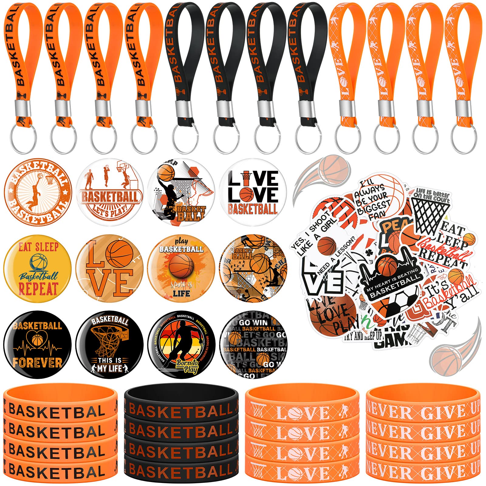 86 Pcs Basketball Party Supplies Set - Bulk Birthday Favors, Decorations, Silicone Bracelets, Keychains, Button Badges & Stickers for Sports Themed Parties, Team Events & Fan Gifts