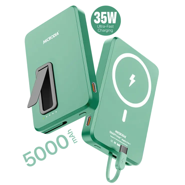 MICRODIA SNAPPower™ MagGo 35W 5000mAh Magnetic Wireless Power Bank - 15W Wireless & 20W USB-C PD Fast Charging with Built-in Cable & Kickstand - Perfect for iPhone, Android, Travel & On-the-Go Charging