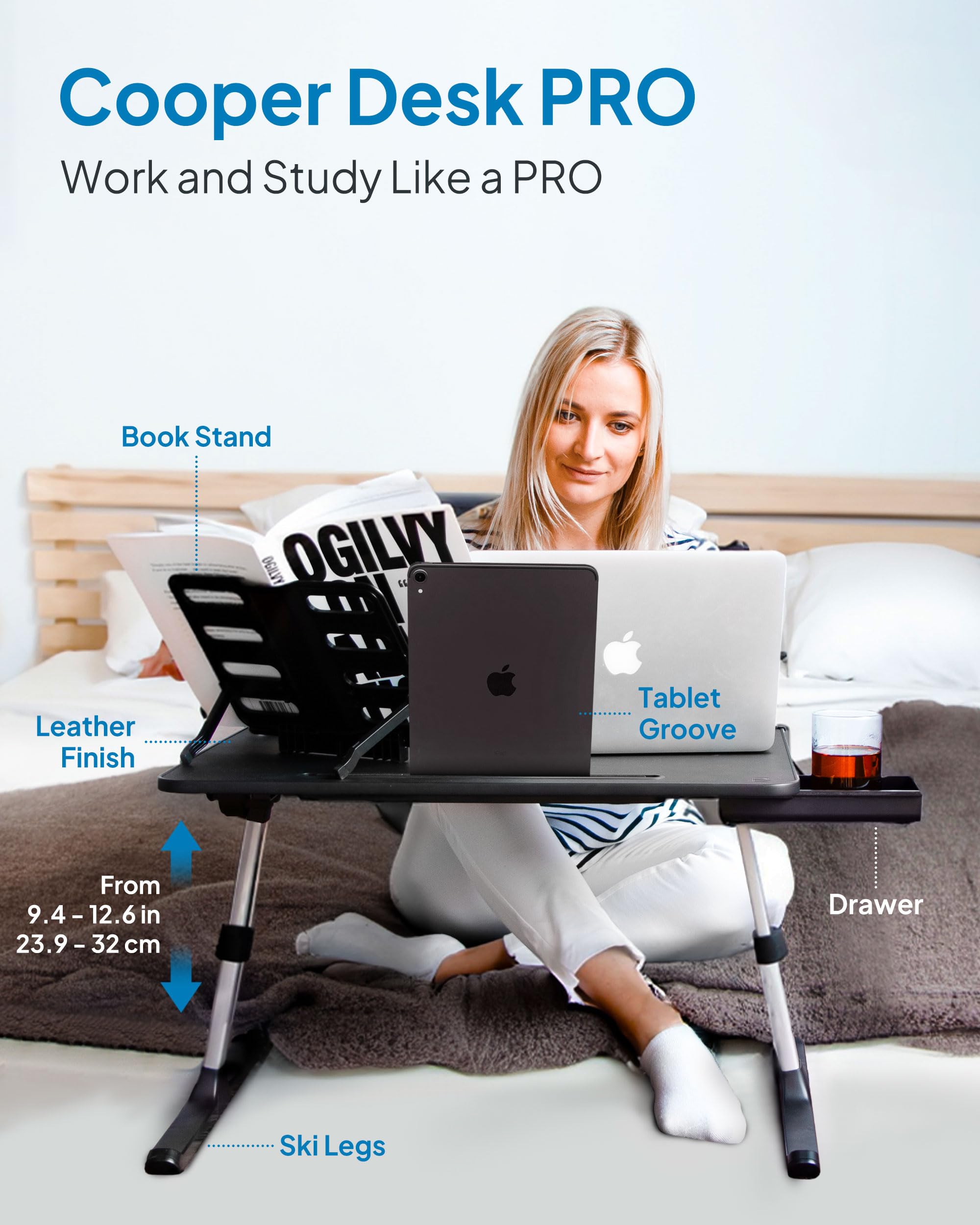 Cooper Desk PRO Large Adjustable Laptop Stand - Portable Bed Desk with Height Adjustment for Work, Study & Gaming - Perfect for Home Office, Dorm Room & Travel Use