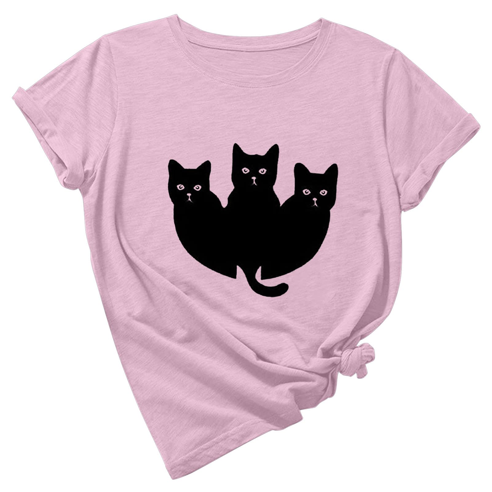 Cute Graphic Cat Print Short Sleeve Tops for Women & Teen Girls - Summer Casual Blouse Tunic - Perfect for Beach Outings, Streetwear & Everyday Fashion