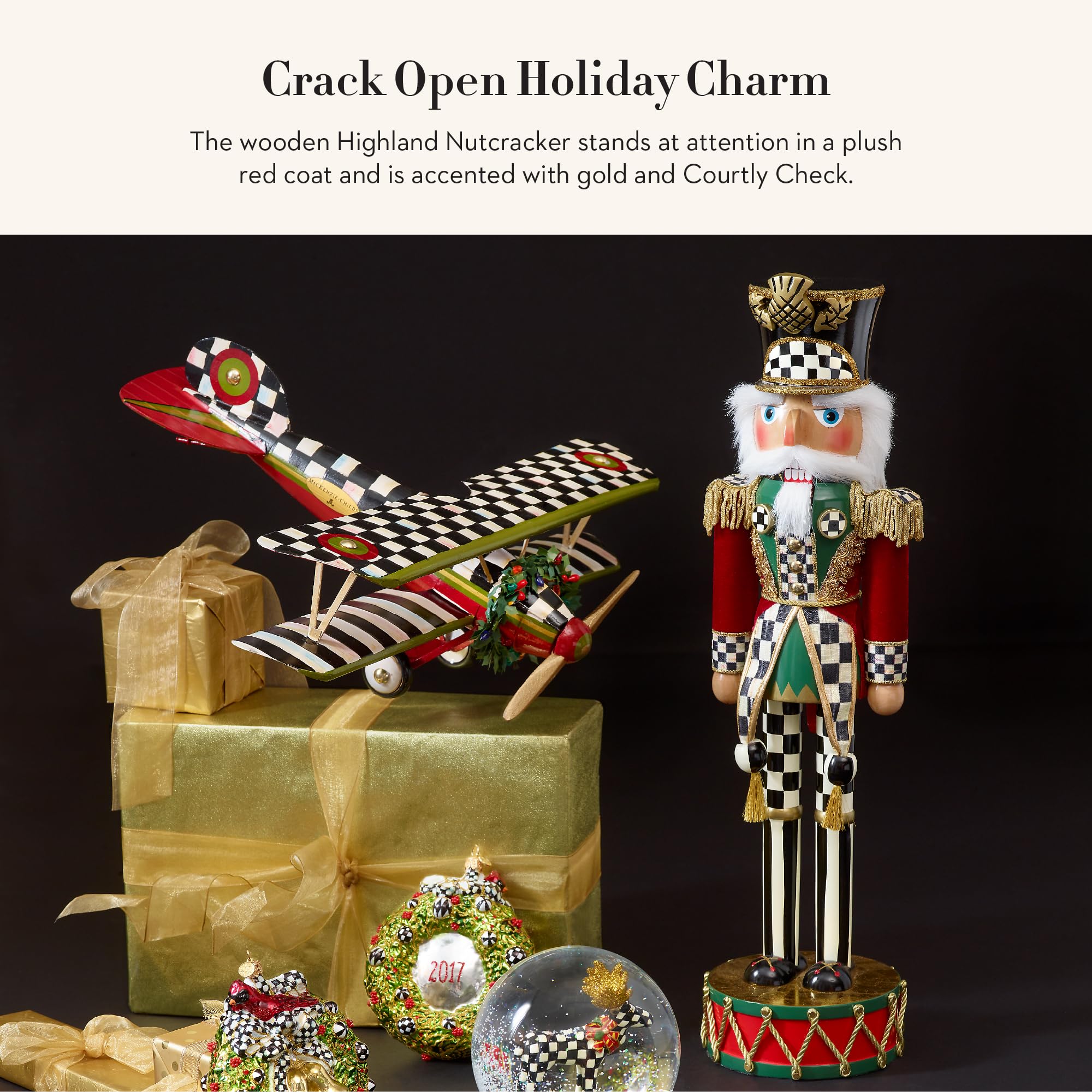 MACKENZIE-CHILDS Wooden Nutcracker Figurine - Highland Soldier Christmas Decoration for Home, Tree & Holiday Table Centerpiece