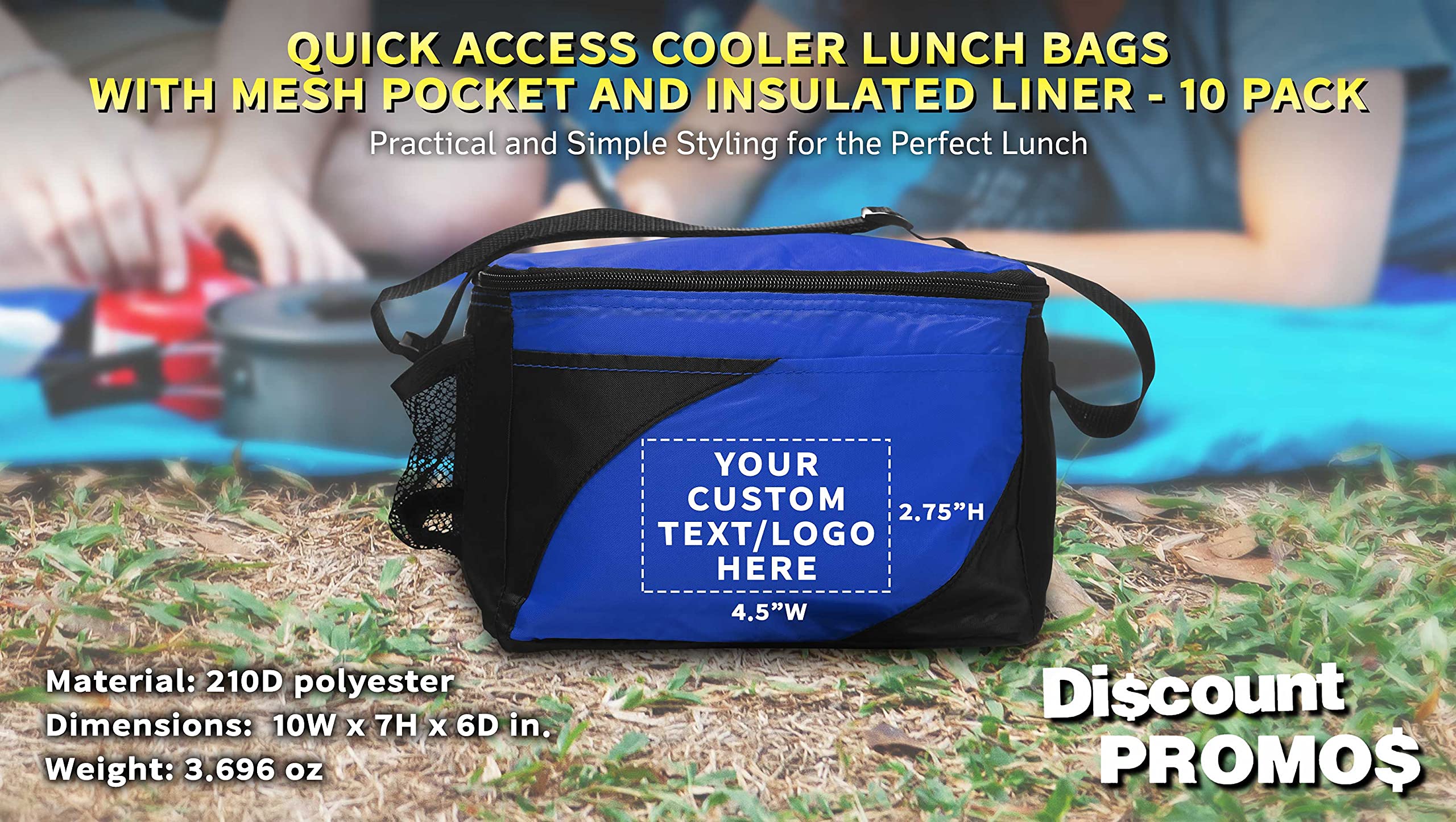 10 Pack Insulated Cooler Lunch Bags with Front & Side Pockets - Custom Text/Logo - Perfect for School, Work, Picnics & Outdoor Activities - Blue