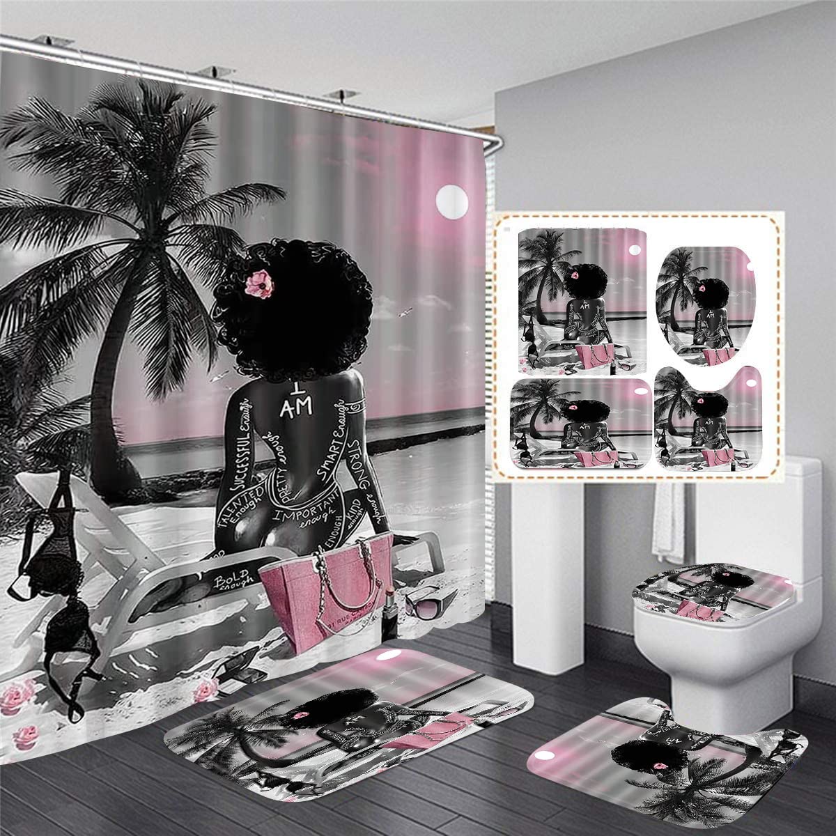 MrLYouth 4PCS Black Girl Shower Curtain Set - Afro Queen Bathroom Decor with Non-Slip Mat & 12 Hooks - Perfect for Melanin-Themed Bathrooms, Beach House Decor & African American Home Accessories
