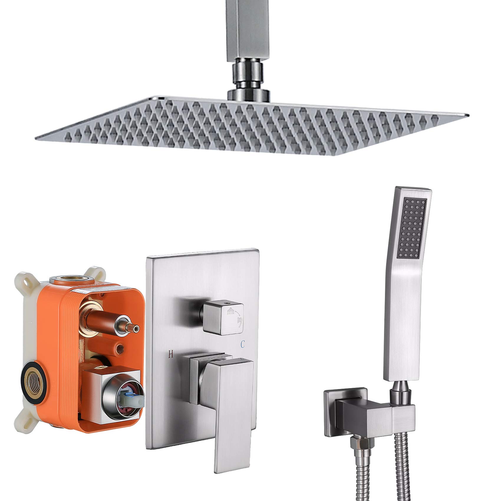 TNOMS 10 Inch Brushed Nickel Ceiling Mount Shower System - Complete Bathroom Shower Faucet Set with Mixer Valve, SB010BR - Perfect for Modern Home & Spa Bathroom Renovations
