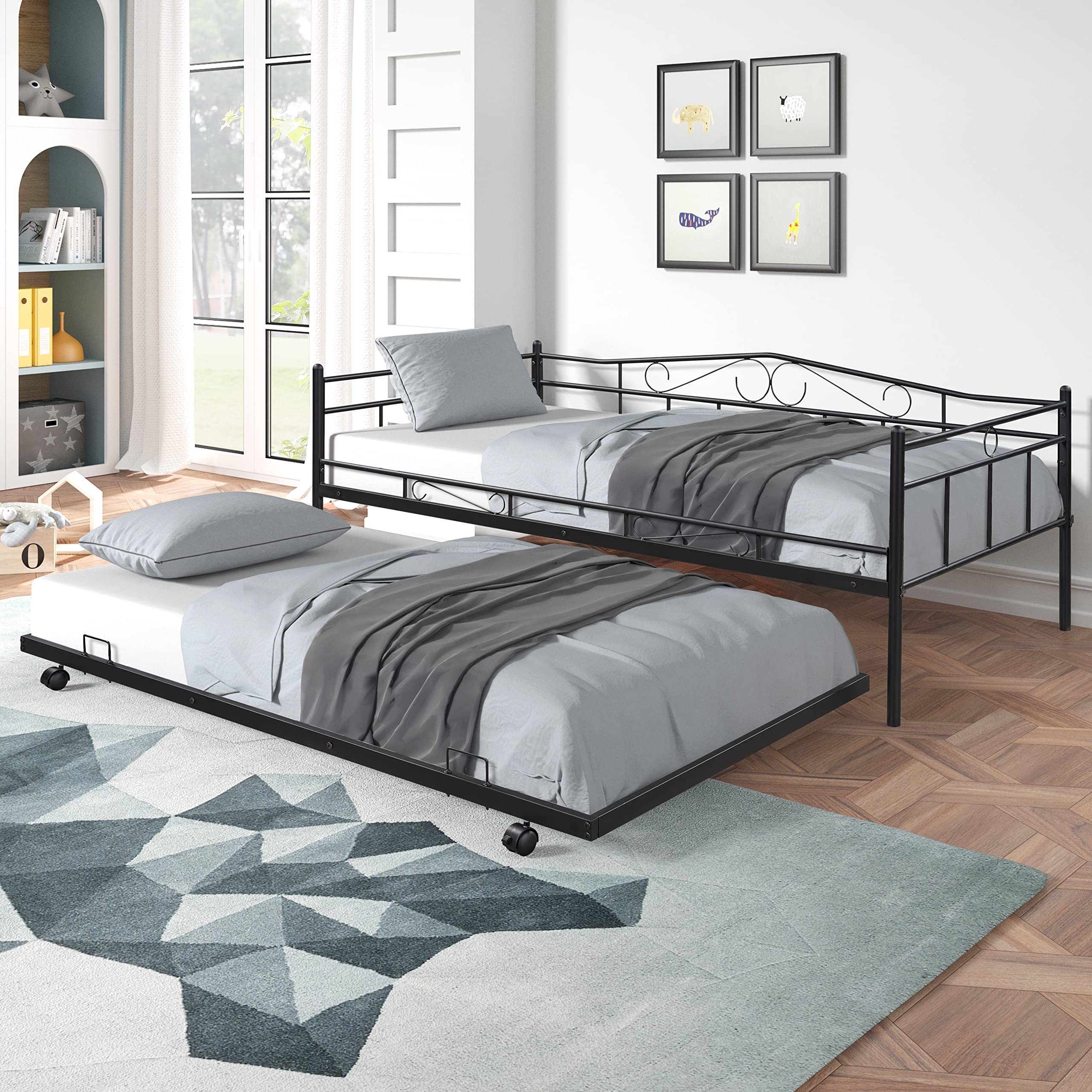 Metal Twin Daybed with Trundle - Black Frame for Guest Room & Dorm