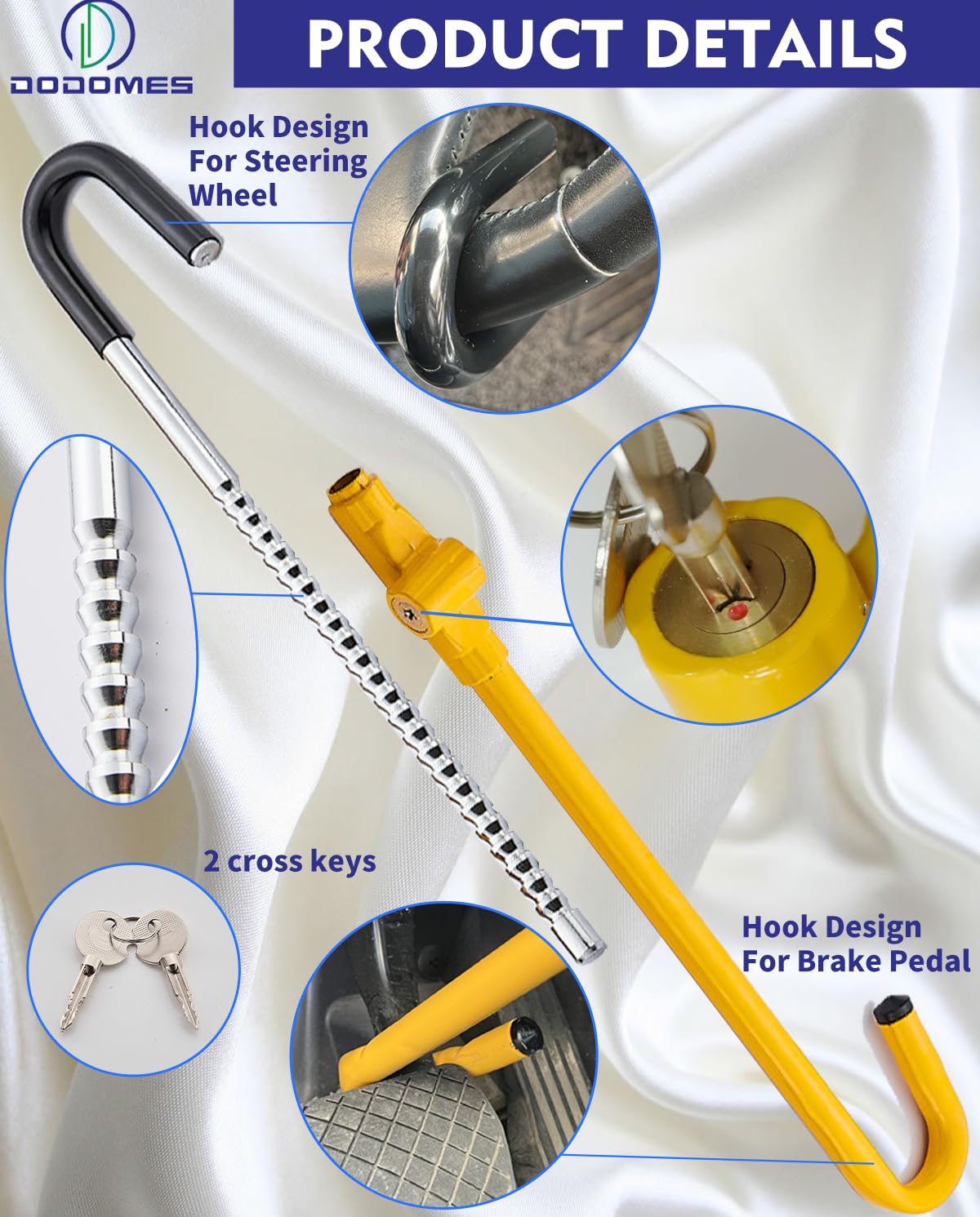 Universal Anti-Theft Steering Wheel Lock for Cars - Retractable Hook Design with Pedal Brake Lock | Yellow Security Device for Vehicle Protection | Perfect for Parking Security & Theft Prevention