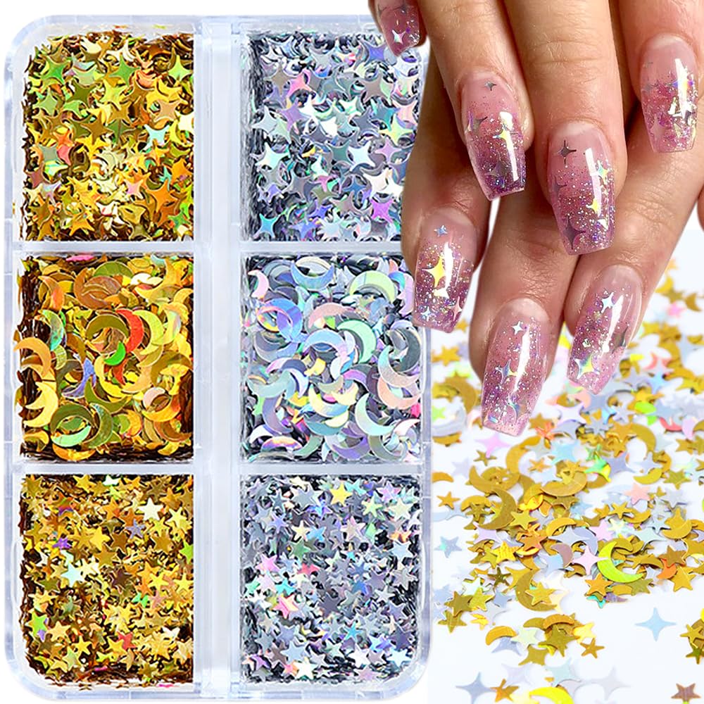 Dornail 6 Grids Nail Art Glitter Sequins Kit - Gold Silver Star Moon & 4-Pointed Stars 3D Nail Decorations for DIY Manicure | Shining Glitter Flakes for Nail Art, Party, Wedding & Salon Use