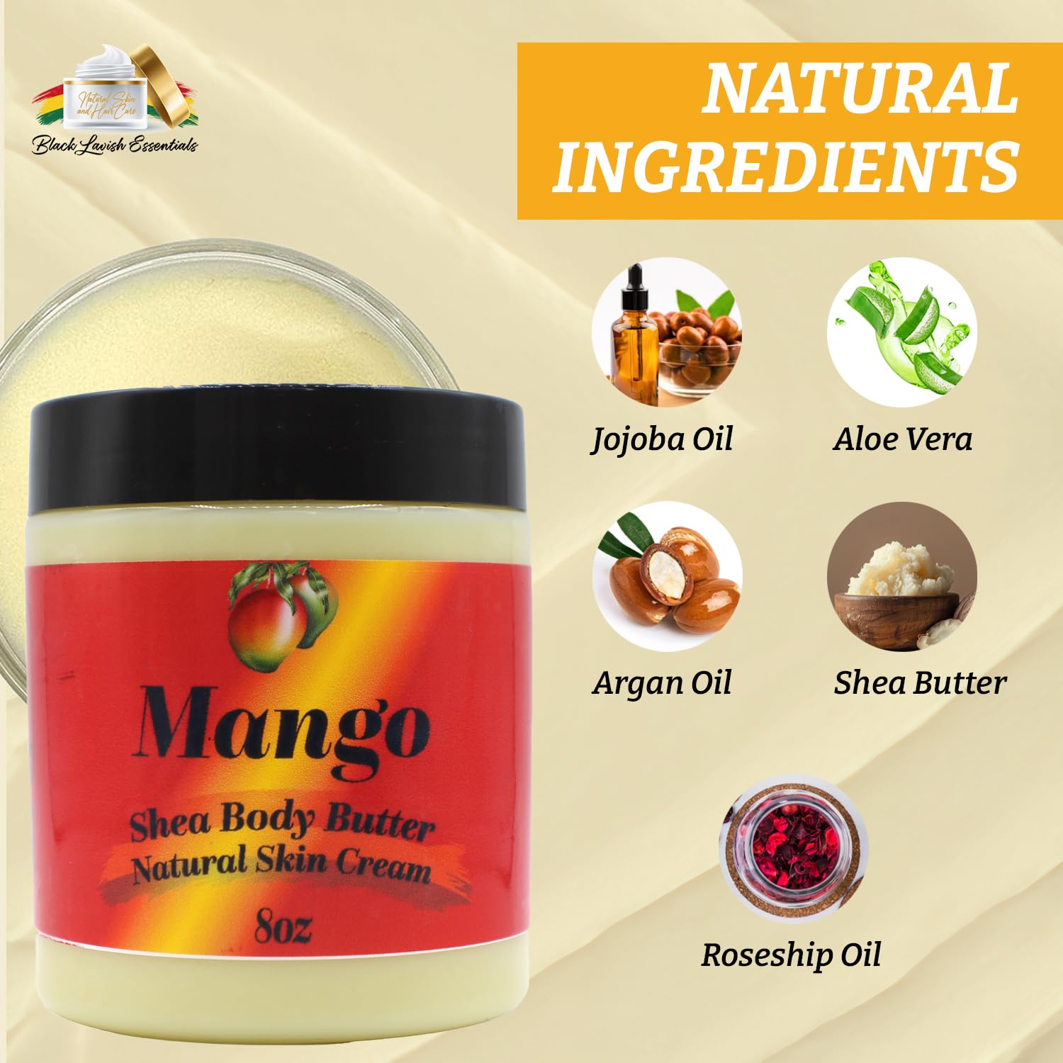 Ultra-Soft Shea Body Butter for Dry Skin - Natural Hydrating Lotion with Aloe Vera, Argan Oil & Rosehip Oil (Mango Scent, 8oz) | Deep Moisturizing Cream for Radiant Skin - Perfect for Daily Use, After Shower & Nighttime Skincare Routine