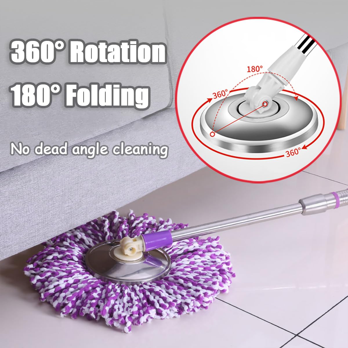 360 Degree Rotating Telescopic Spin Mop Replacement Handle - 49 Inch Stainless Steel Mop Stick for Spin Mop Bucket System (Khaki) - Perfect for Hardwood Floors, Tile & Kitchen Cleaning