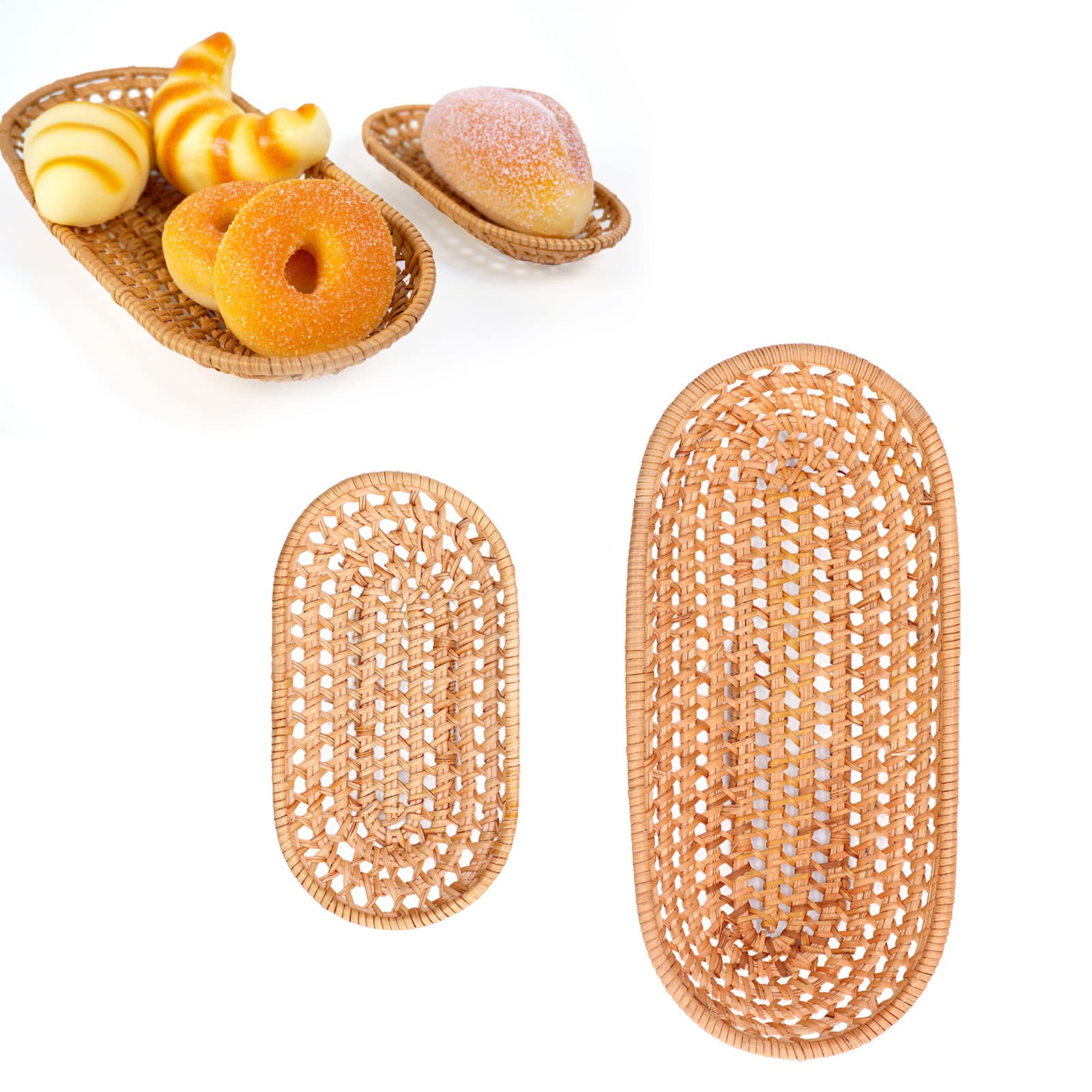2-Piece Handmade Rattan Bread Baskets - Natural Woven Storage Baskets for Bread, Candy, Biscuits, Finger Food & Fruit - Perfect for Kitchen, Dining Table, Picnics & Party Serving
