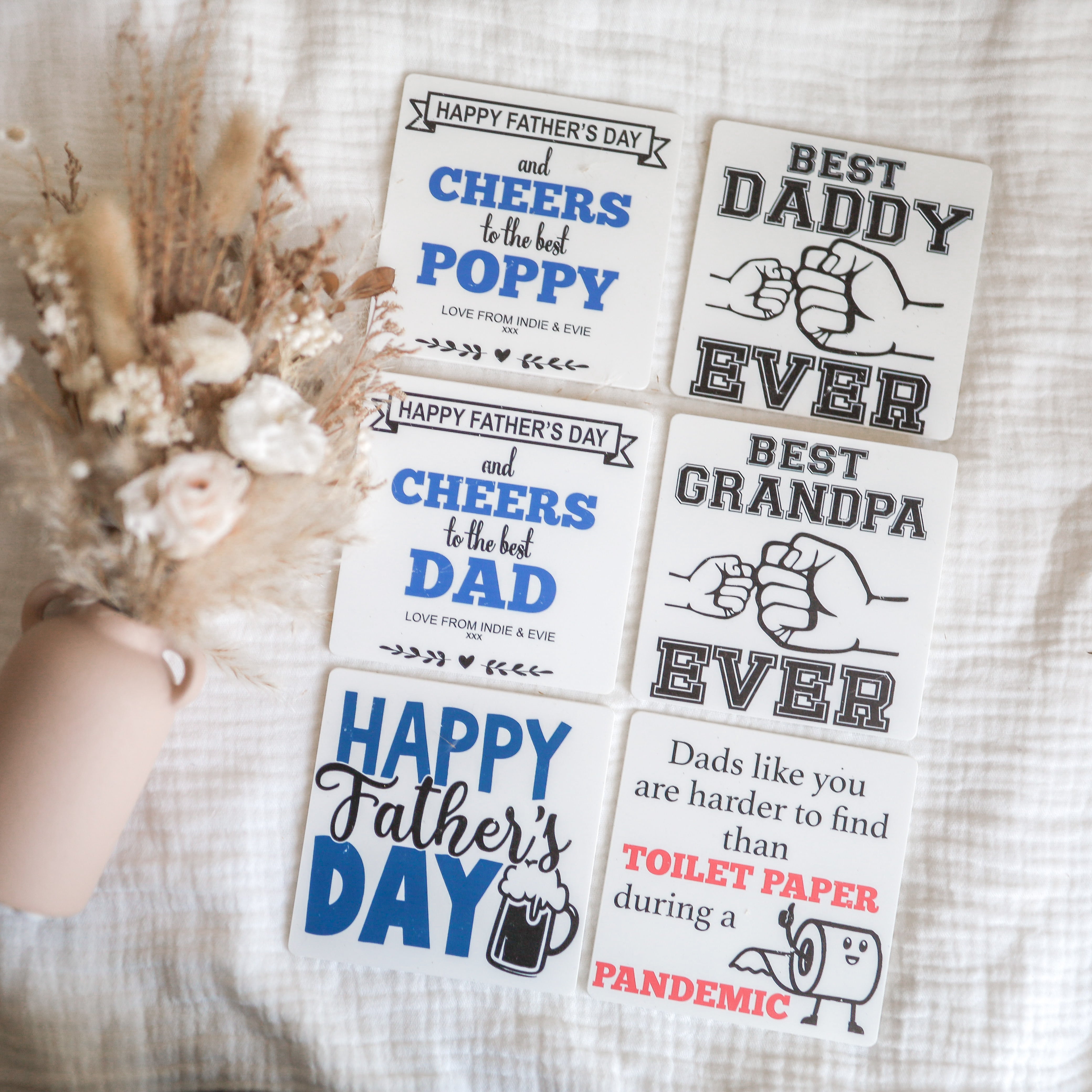 Personalized Father's Day Coaster Set - Engraved Wooden Beer Coasters for Dad - Unique Gifts for Dad Birthday, Anniversary & Holidays - Perfect for Home Bar, Man Cave & Office Decor