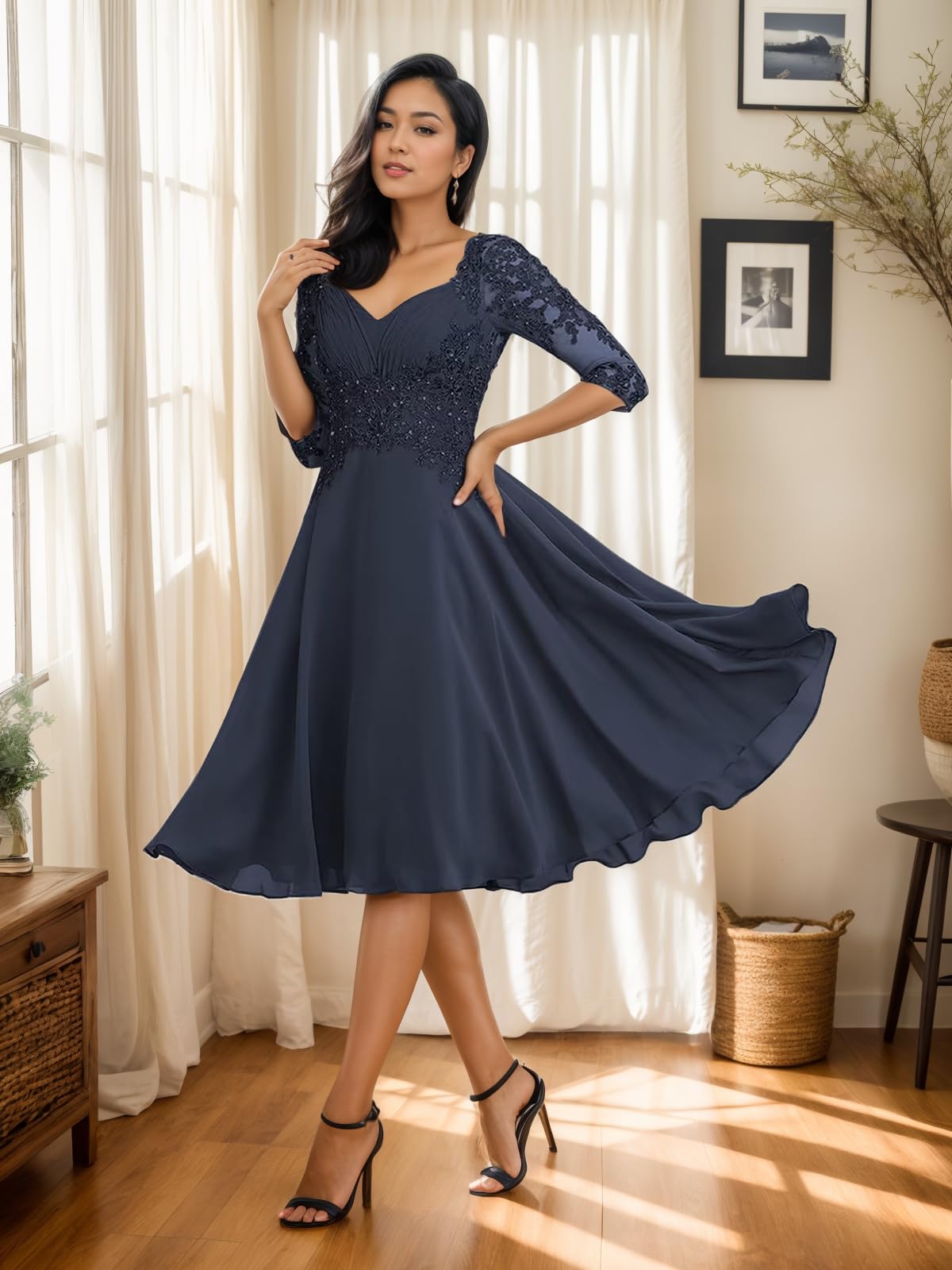 Elegant Mother of The Bride Dress - Tea Length Chiffon Formal Gown with Lace Appliques & 3/4 Sleeves for Wedding Guest | Perfect for Evening Ceremonies, Receptions & Special Occasions