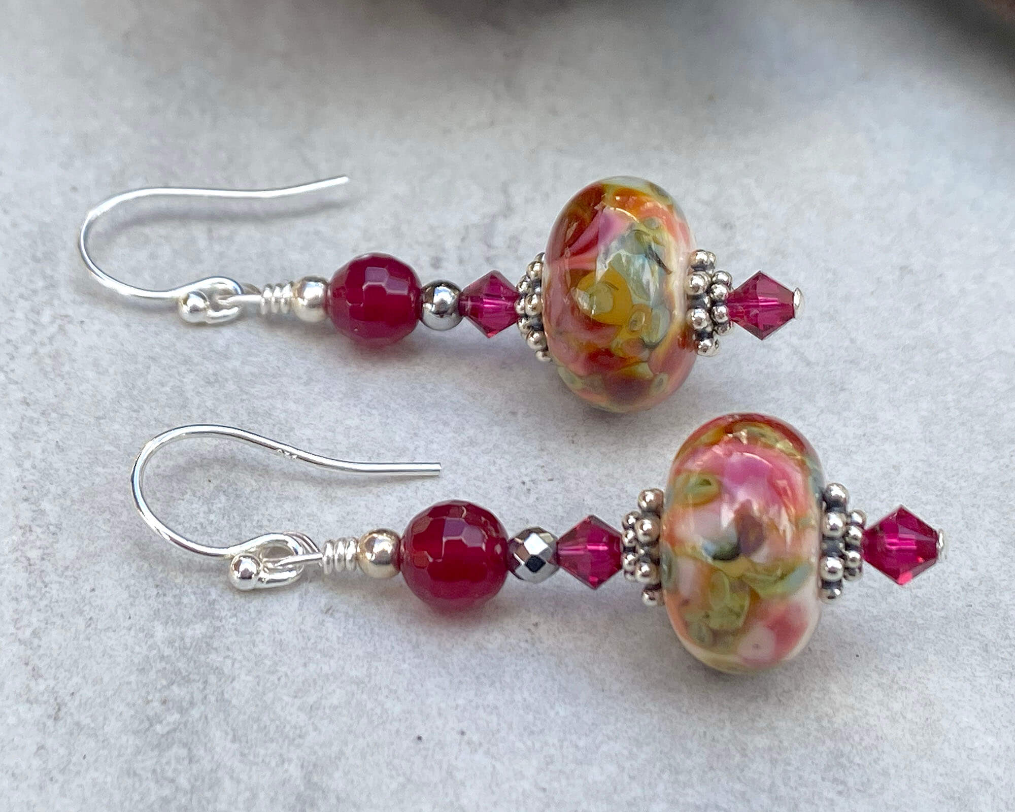 Handmade Ruby Agate Gemstone Lampwork Earrings for Women - Elegant Boho Dangle Earrings for Party, Wedding & Everyday Wear