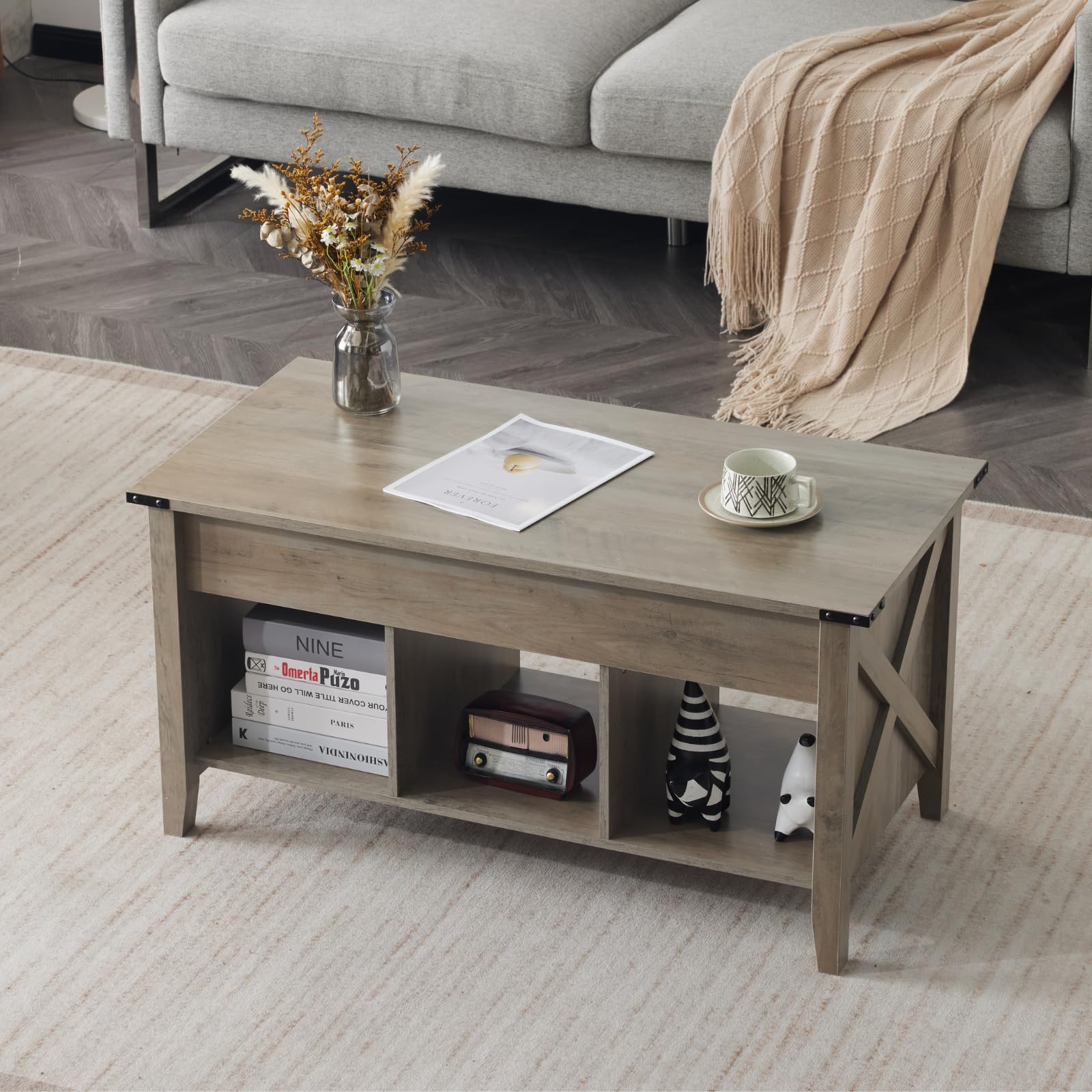 VINGLI Farmhouse Lift Top Coffee Table with Storage Shelf - Rustic Grey Lift-Up Coffee Table with Hidden Compartment, Modern Center Table for Living Room | Perfect for Small Spaces, Home Office & TV Lounge Decor