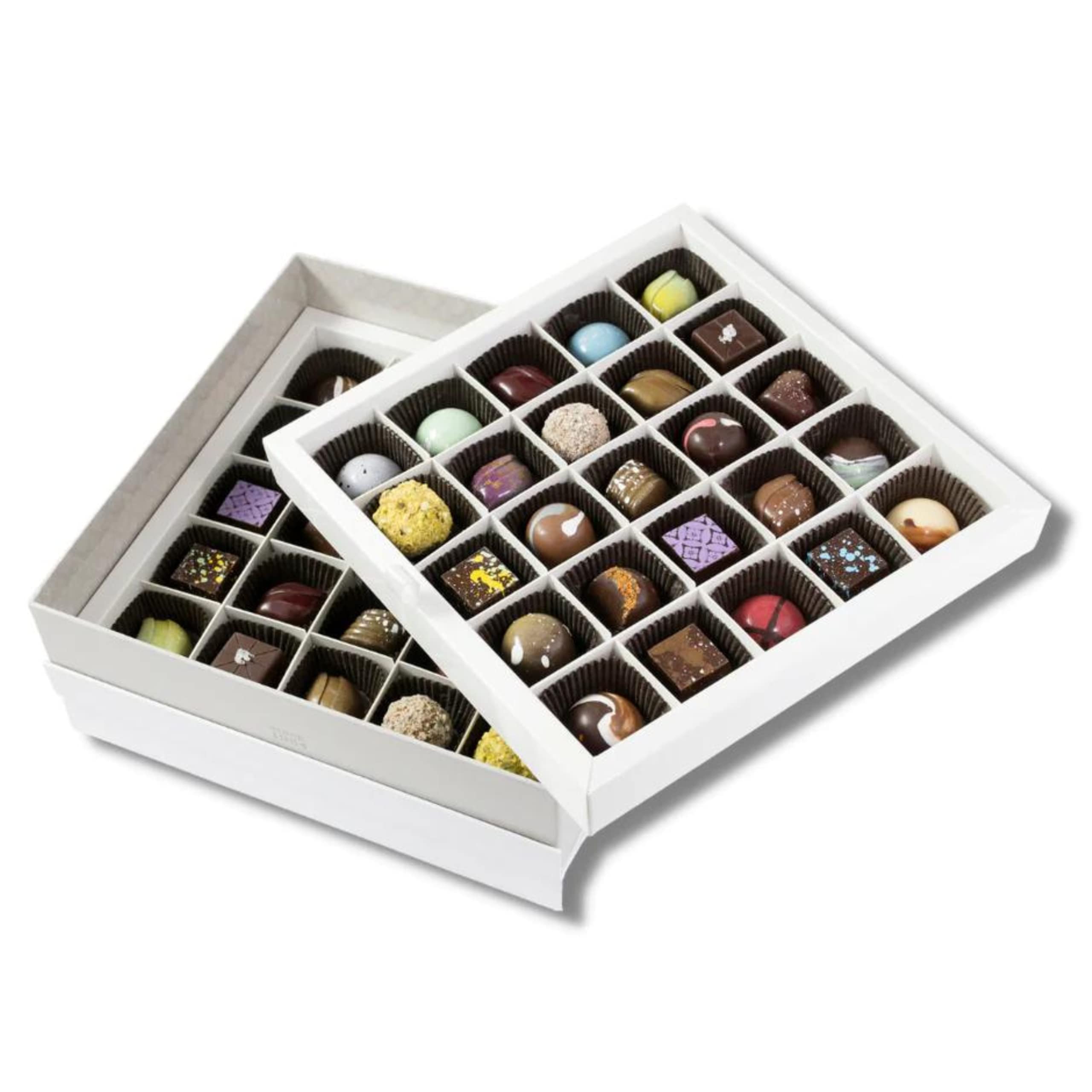 Premium Chocolate Gift Box by Dallmann Confections - 50 Pcs Handcrafted Chocolates with Silver Satin Ribbon | Elegant Birthday, Anniversary & Corporate Gifts | Perfect for Holidays, Valentine's Day & Special Occasions