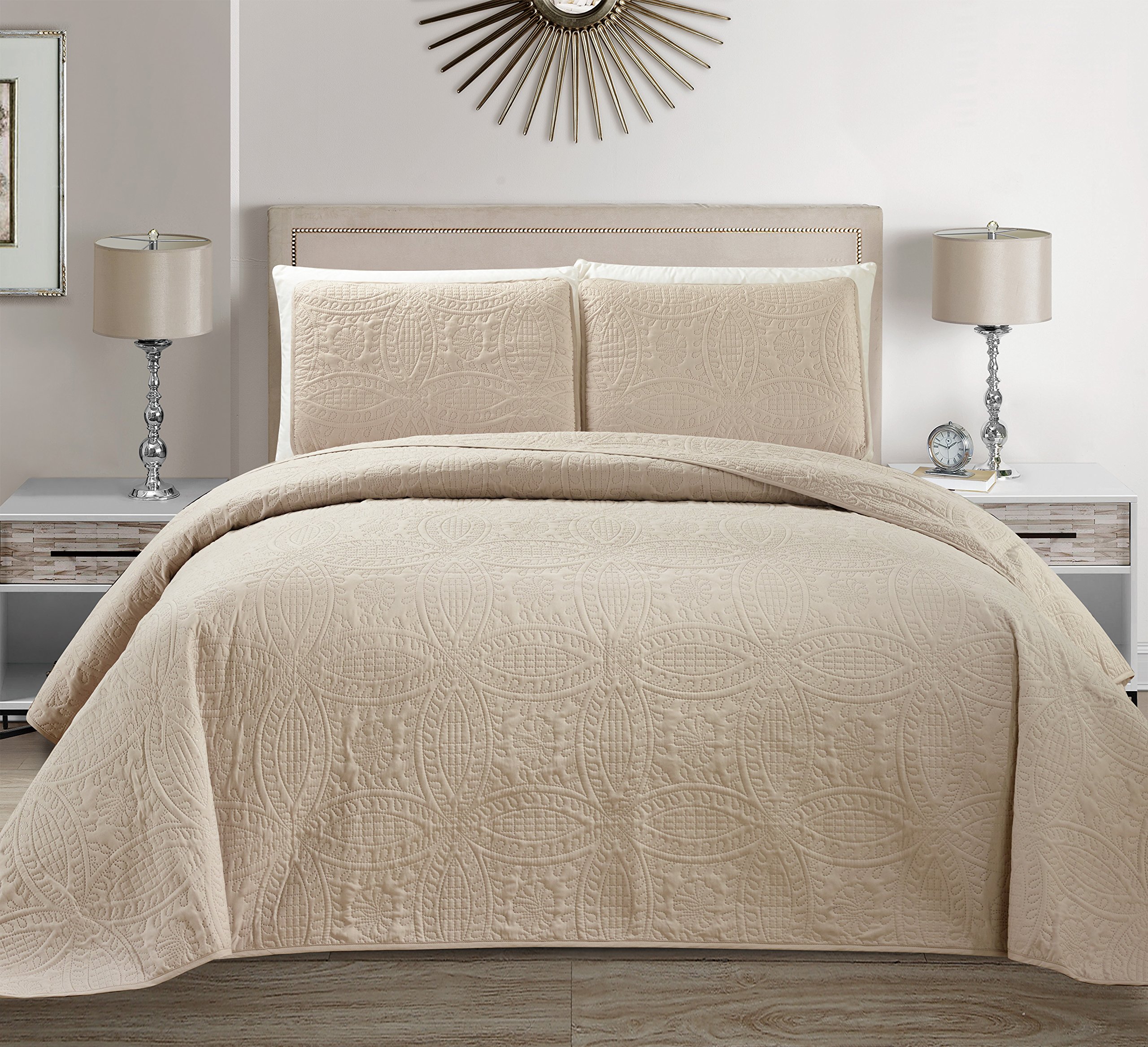 MK Home MK Collection Solid Embossed Bedspread - Luxury Queen Size Bed Cover (100x106 Inches, Beige) for Master Bedroom & Guest Room Decor