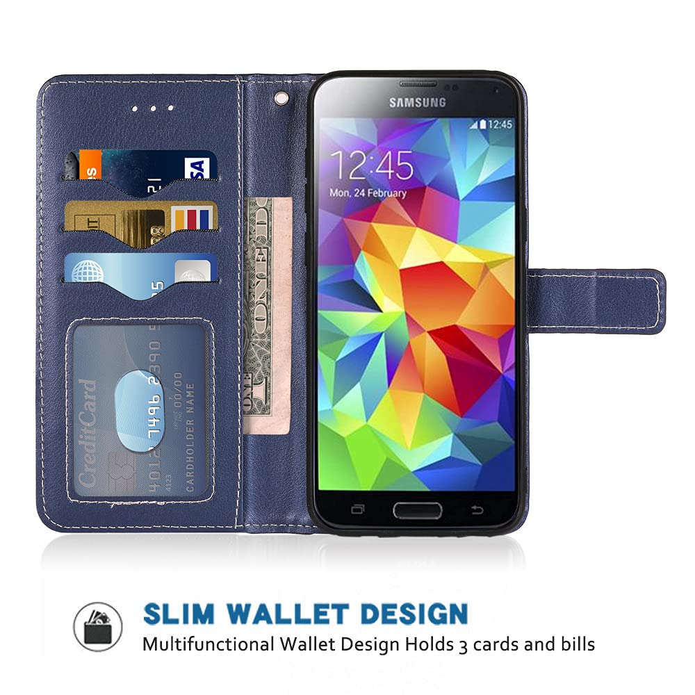 Samsung Galaxy S5 Wallet Case with Wrist Strap & Card Holder - Leather Flip Cover Stand Case for Galaxy S5/Neo/5S/GS5/G900A/G900T (Blue) - Perfect for Daily Use, Travel & Hands-Free Viewing