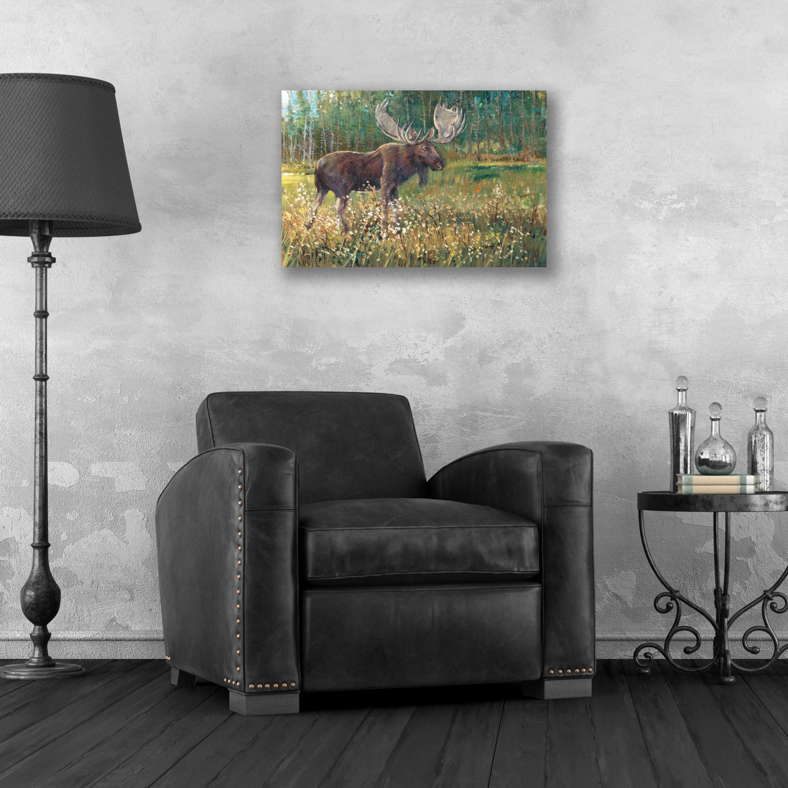 Tim O'Toole 'Moose in the Field' Acrylic Glass Wall Art - 24x16 Inches Modern Wildlife Painting for Living Room, Office & Cabin Decor