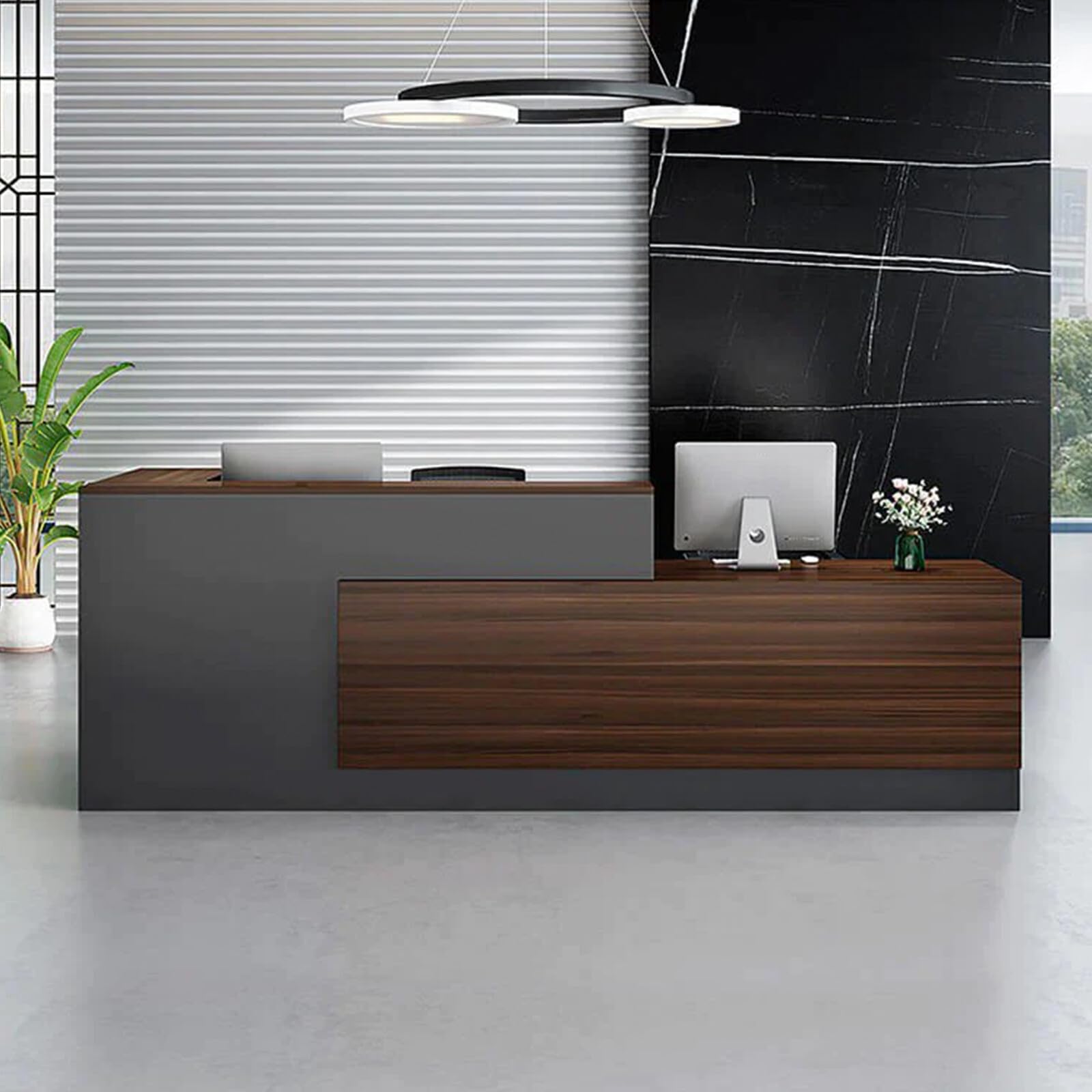 Modern L-Shaped Reception Desk with Hutch - Office Wooden Computer Front Desk with Lockable Drawer & Cabinet (Walnut + Iron Gray, Left Cabinet, 86.61
