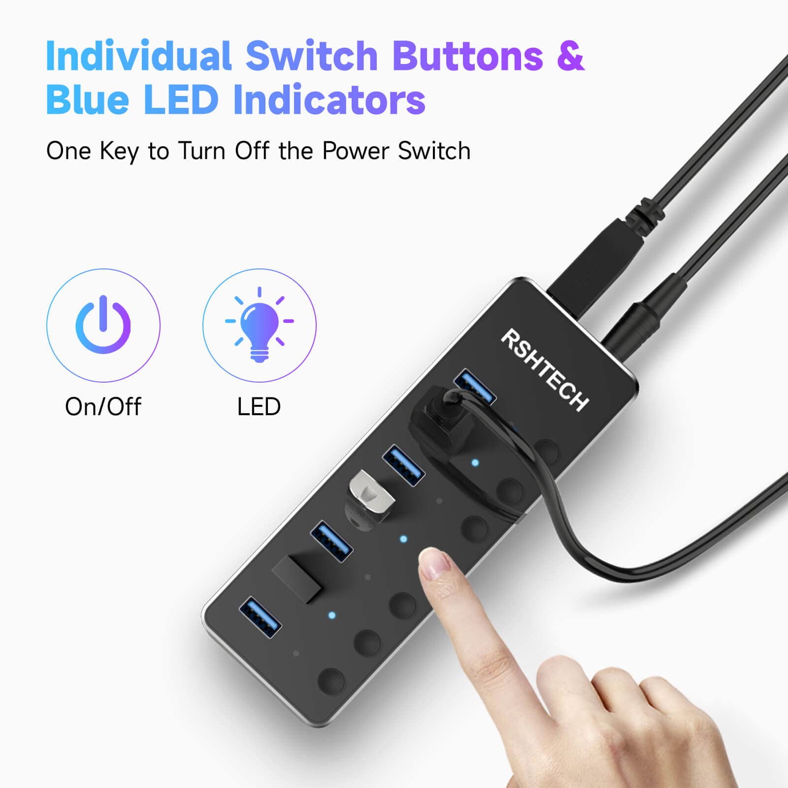 RSHTECH 7-Port USB 3.0 & USB C Hub with 2-in-1 Cable - Aluminum USB Splitter with 5V 3A Power Adapter & Individual Switches - USB Port Expander for Laptop, PC, MacBook - Perfect for Home Office, Gaming & Multi-Device Charging