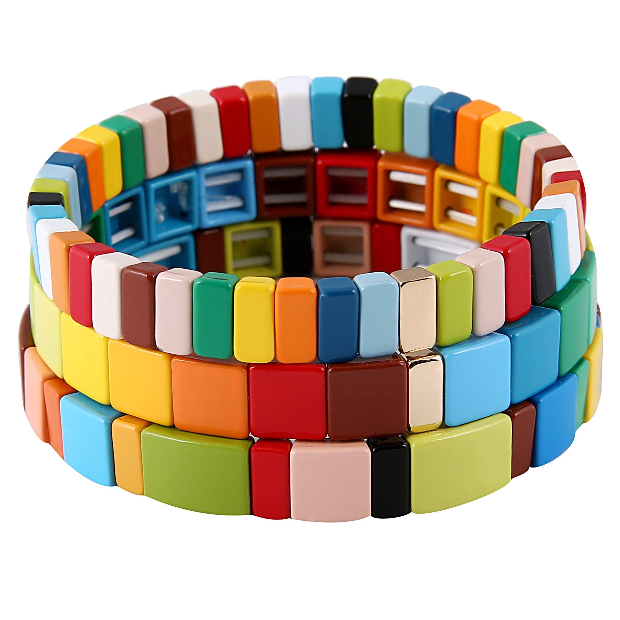 Coolcos Stackable Enamel Tile Bracelets for Women - Rainbow Colorblock Stretch Beaded Boho Bracelet Set | Perfect for Festival, Beach & Everyday Boho Chic Style