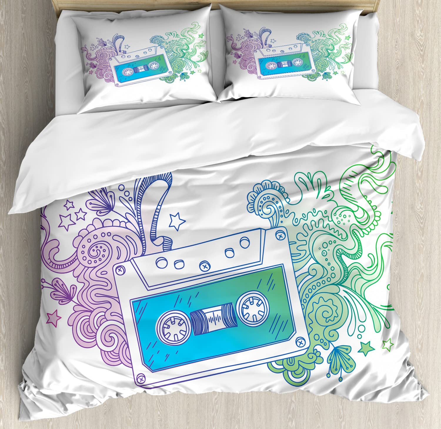Vintage Cassette Tape Floral Print Duvet Cover Set - 2 Pack Cal King Size, Blue Mint Purple - Bohemian Hipster Bedding with 2 Duvet Covers & 4 Pillowcases - Perfect for Music Lovers' Bedroom Decor & Retro Themed Guest Rooms