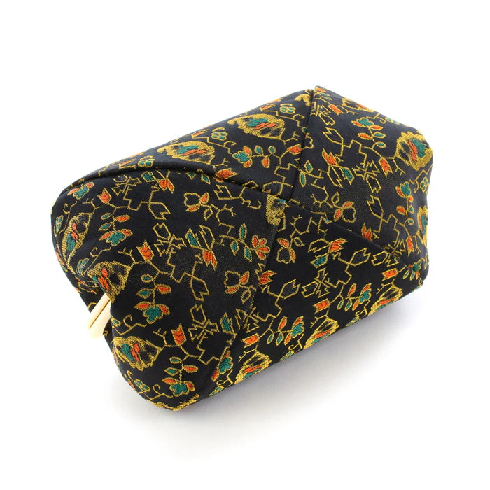 Nishijin Woven Small Pouch - Floral Fruit Tree Design in Black | Handmade in Kyoto Japan | Cosmetic Makeup Bag, Japanese Gamaguchi Pouch | Perfect for Travel Toiletry, Stationery & Bag Organization (Ideal for Daily Use, Gift Giving & Japanese Culture Enthusiasts)